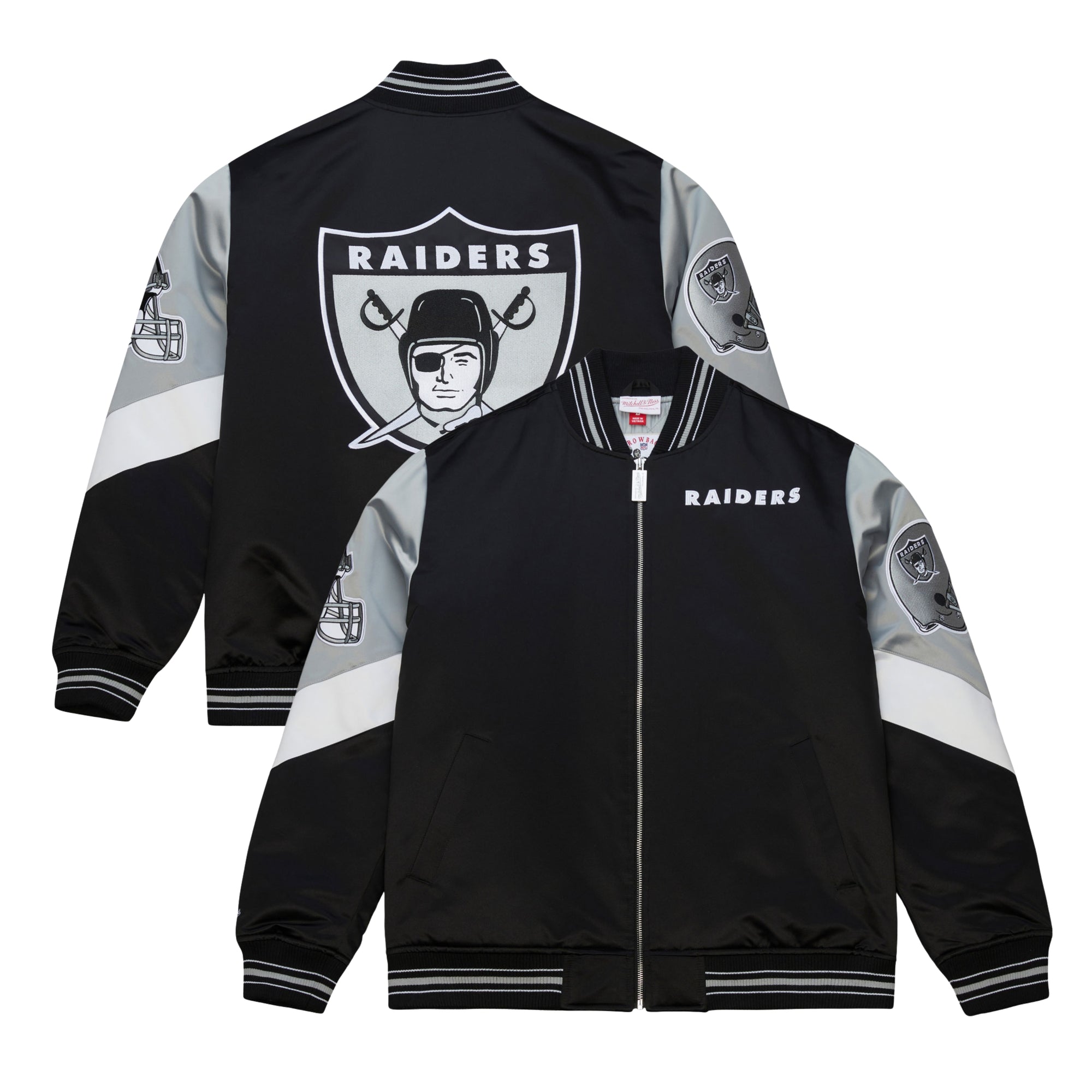 Las Vegas Raiders Mitchell & Ness Throwback Vintage Heavyweight Satin NFL Jacke Schwarz - STADIUMDREAMS