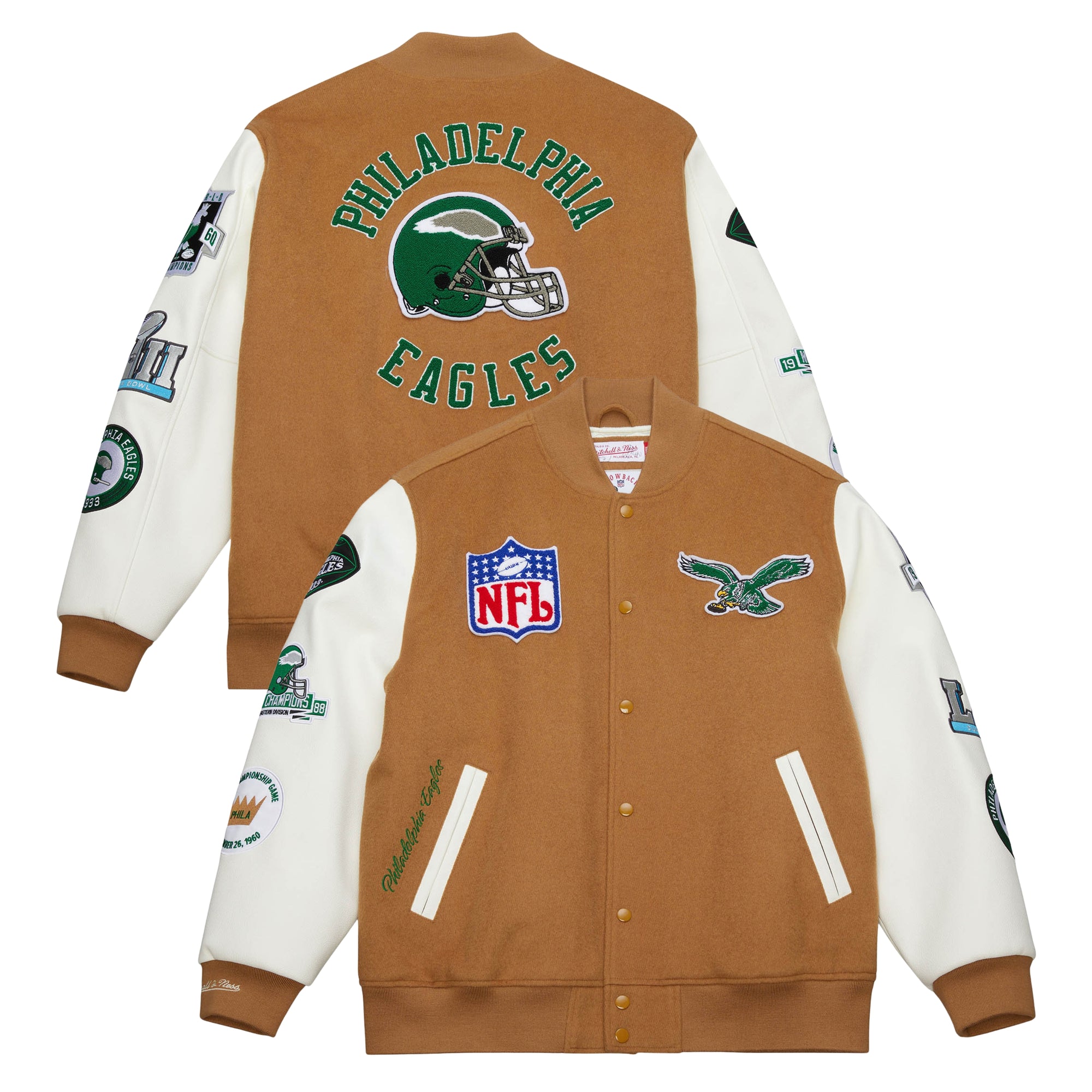 Philadelphia Eagles Mitchell & Ness Dusted Collection Premium Patches NFL College Jacke Beige