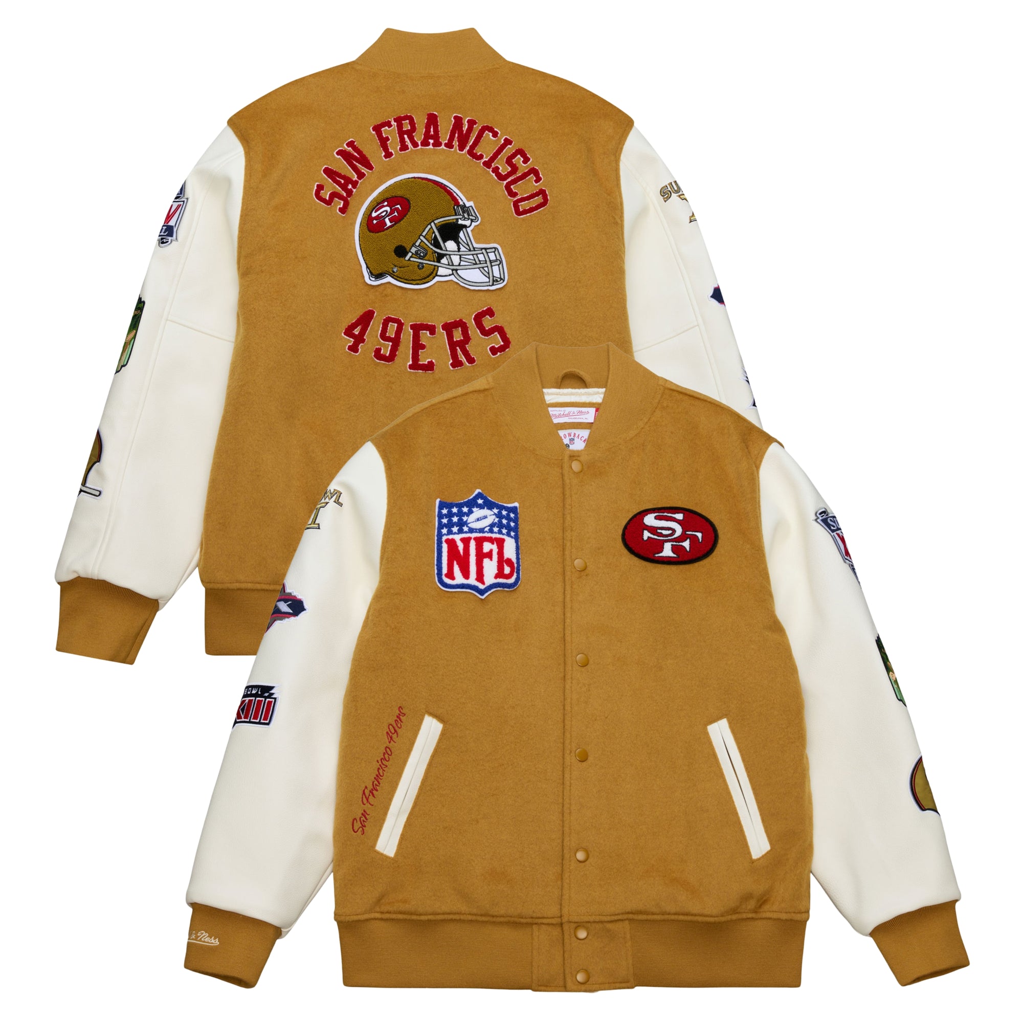 San Francisco 49ers Mitchell & Ness Dusted Collection Premium Patches NFL College Jacke Beige