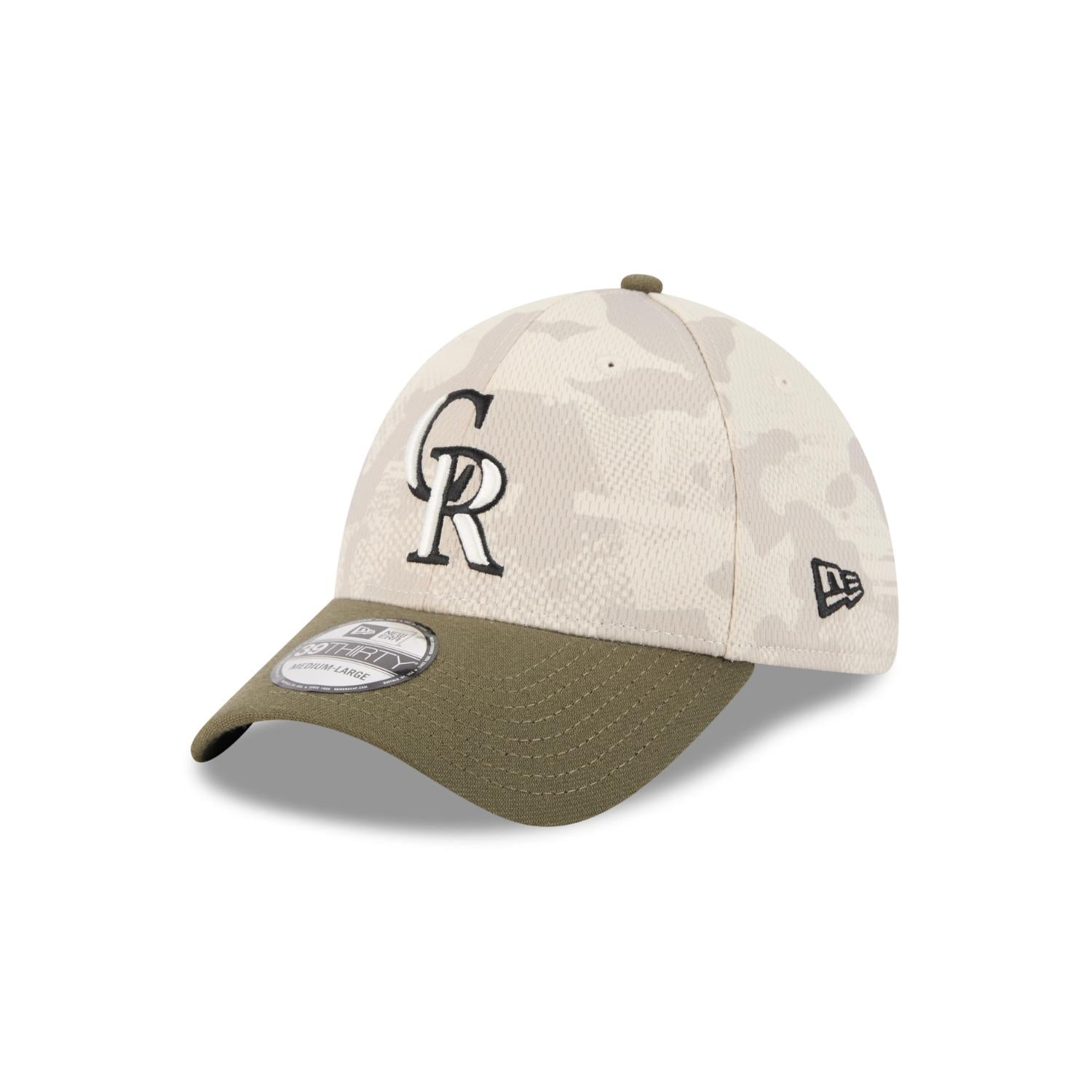 Colorado Rockies 2025 MLB Armed Forces New Era 39THIRTY Flex Cap Beige - STADIUMDREAMS