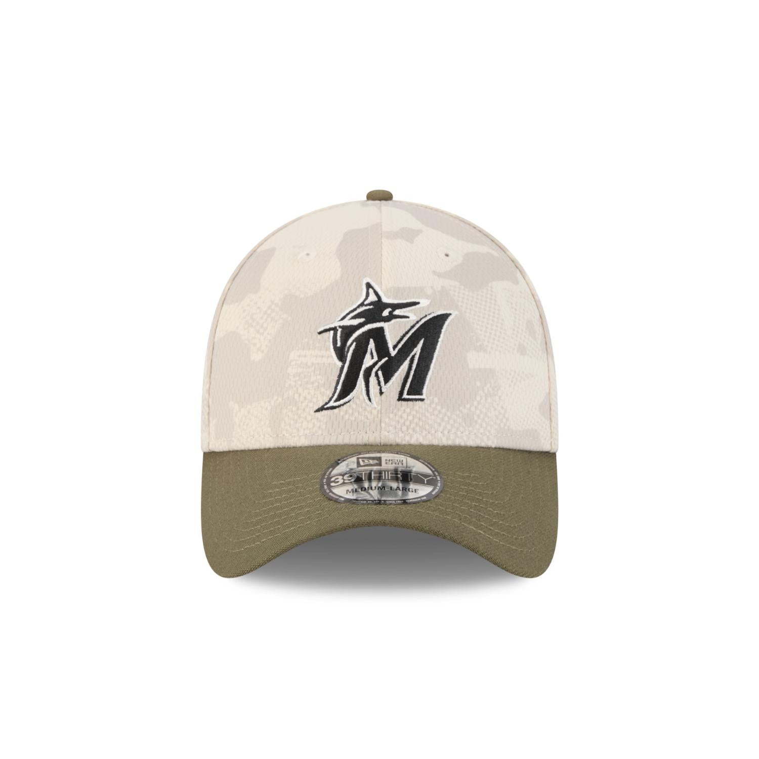 Miami Marlins 2025 MLB Armed Forces New Era 39THIRTY Flex Cap Beige - STADIUMDREAMS
