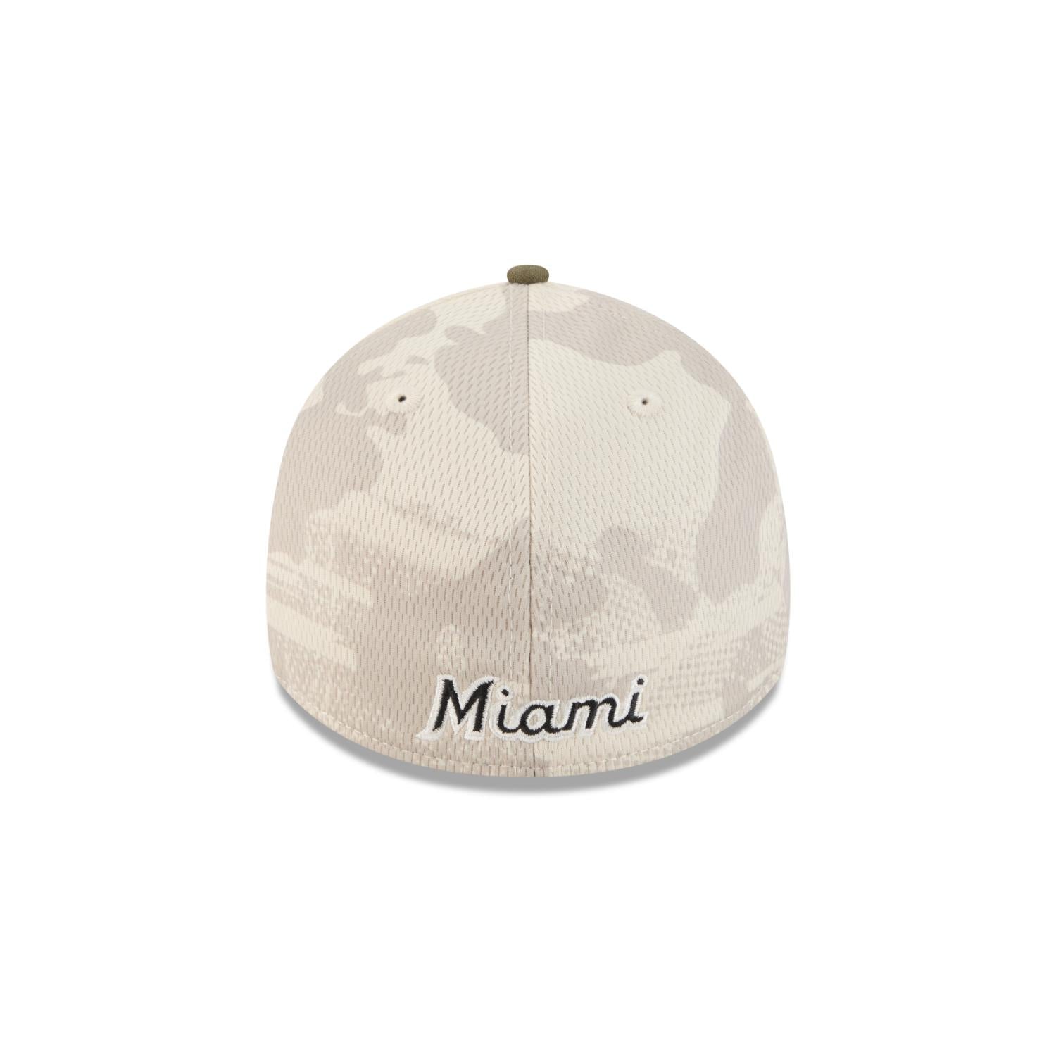 Miami Marlins 2025 MLB Armed Forces New Era 39THIRTY Flex Cap Beige - STADIUMDREAMS