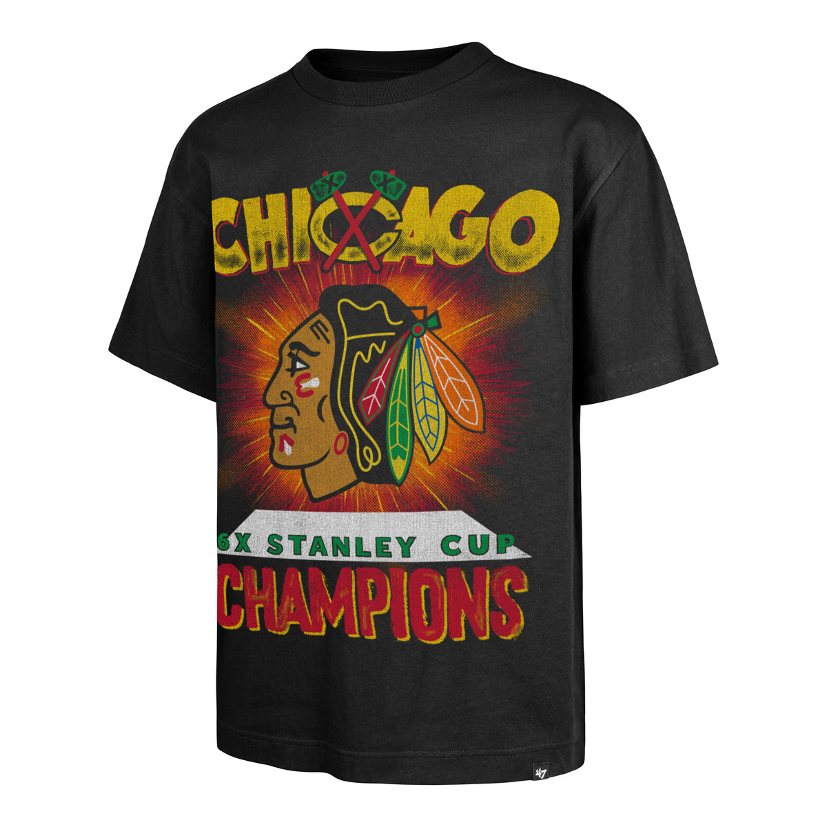 Chicago Blackhawks '47 Retro Oversized Sigma Foundation NHL T-Shirt Schwarz - STADIUMDREAMS