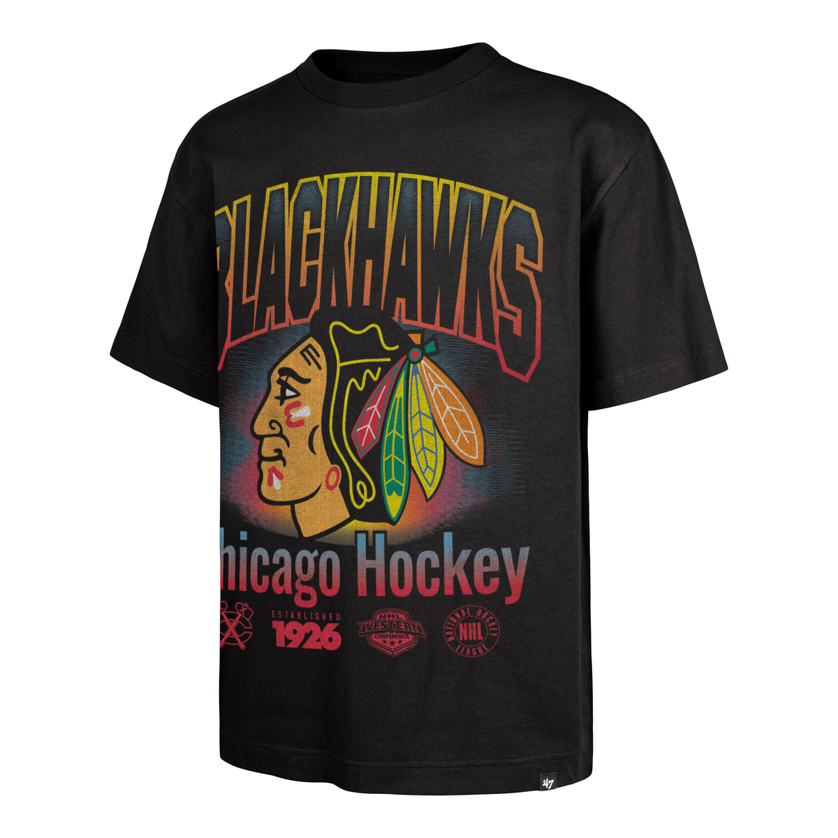 Chicago Blackhawks '47 Retro Oversized Sigma Foundation NHL T-Shirt Schwarz - STADIUMDREAMS