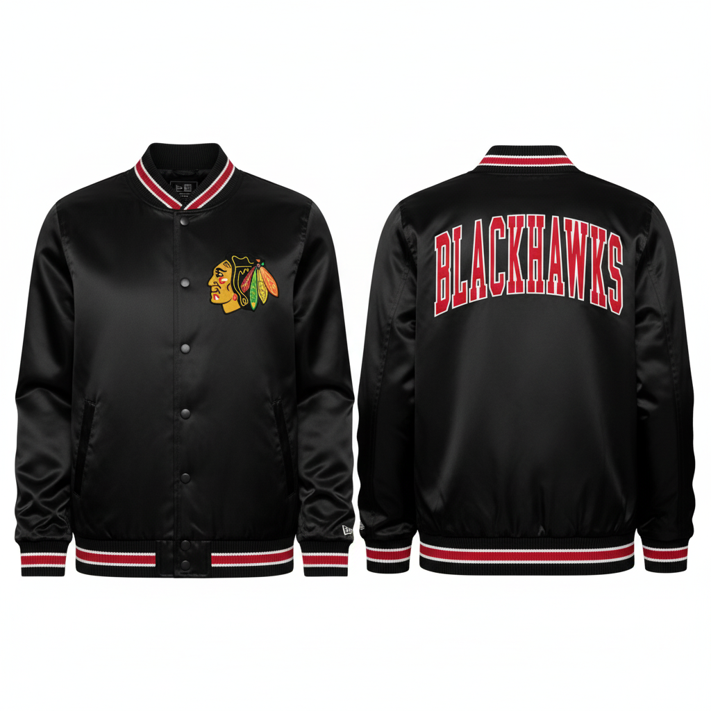 Chicago Blackhawks New Era USA EDITION Stitched Satin NHL Jacke Schwarz - STADIUMDREAMS