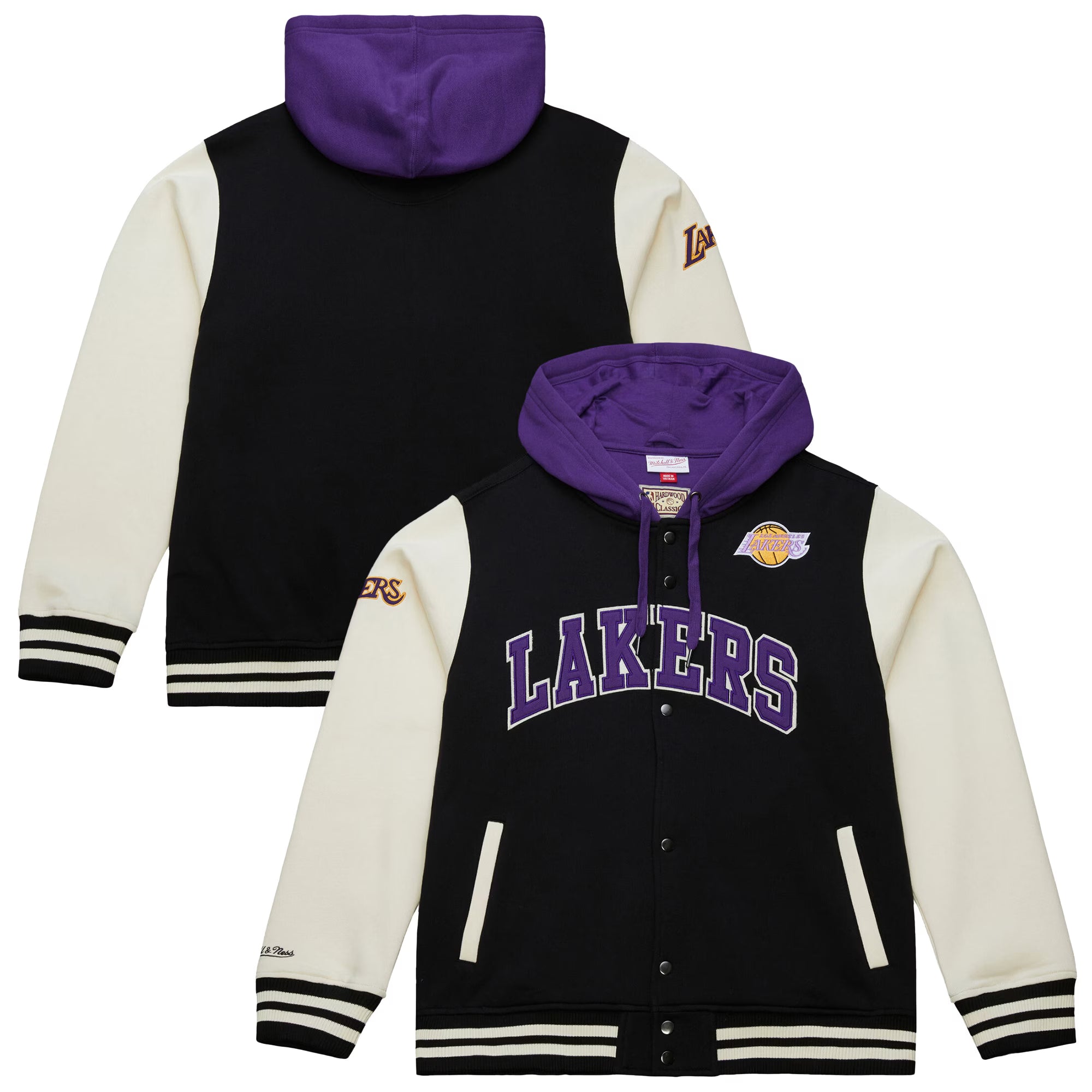 Los Angeles Lakers Mitchell & Ness Premium Patch Courtside Fleece Full-Snap NBA Jacke Schwarz - STADIUMDREAMS