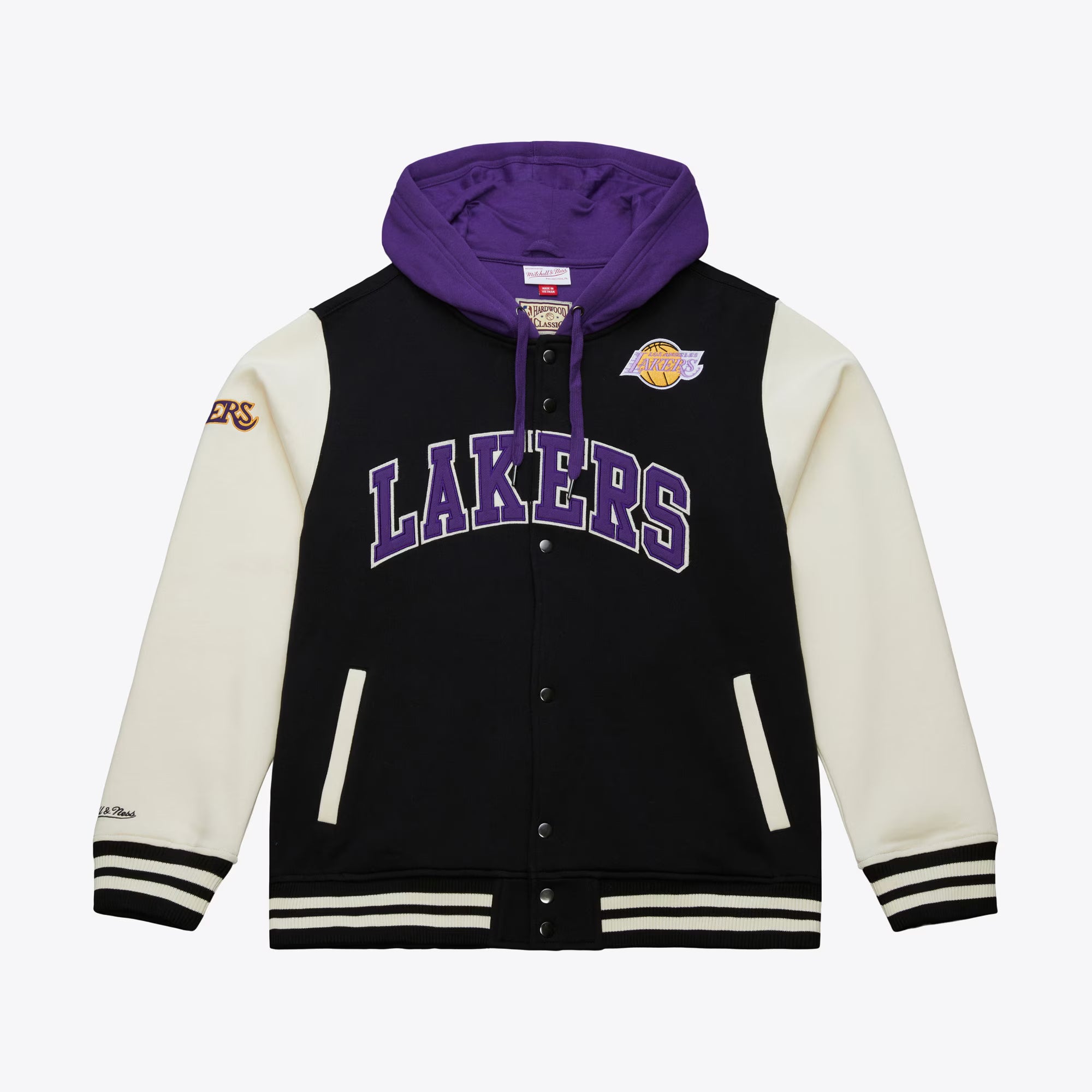 Los Angeles Lakers Mitchell & Ness Premium Patch Courtside Fleece Full-Snap NBA Jacke Schwarz - STADIUMDREAMS