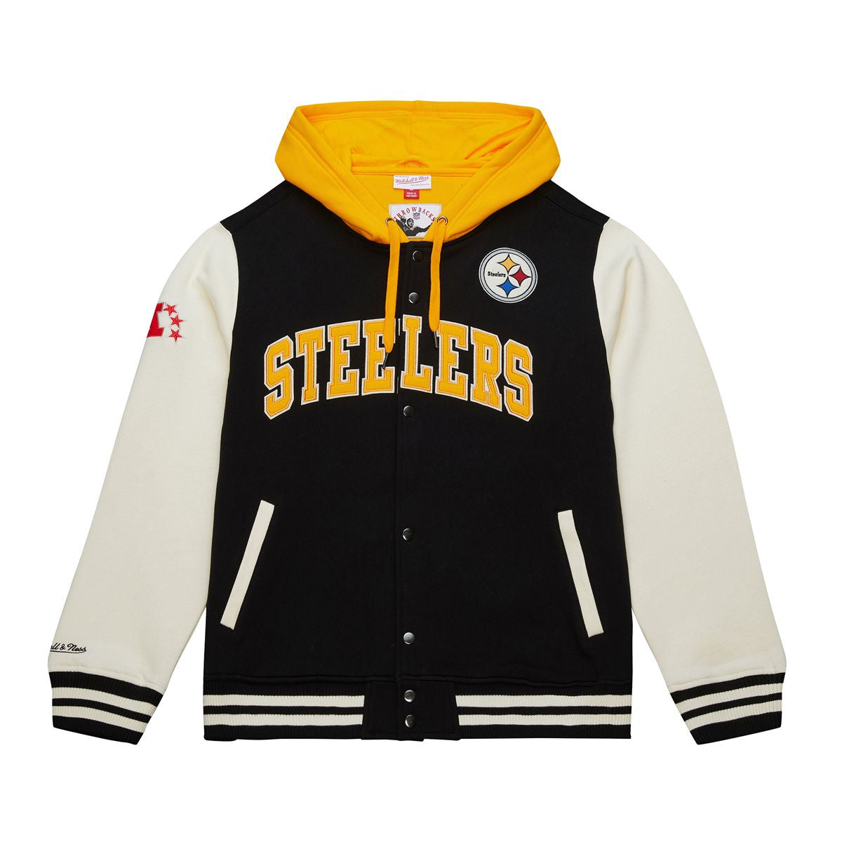 Pittsburgh Steelers Mitchell & Ness Premium Patch Sideline Fleece Full-Snap NFL Jacke Schwarz - STADIUMDREAMS