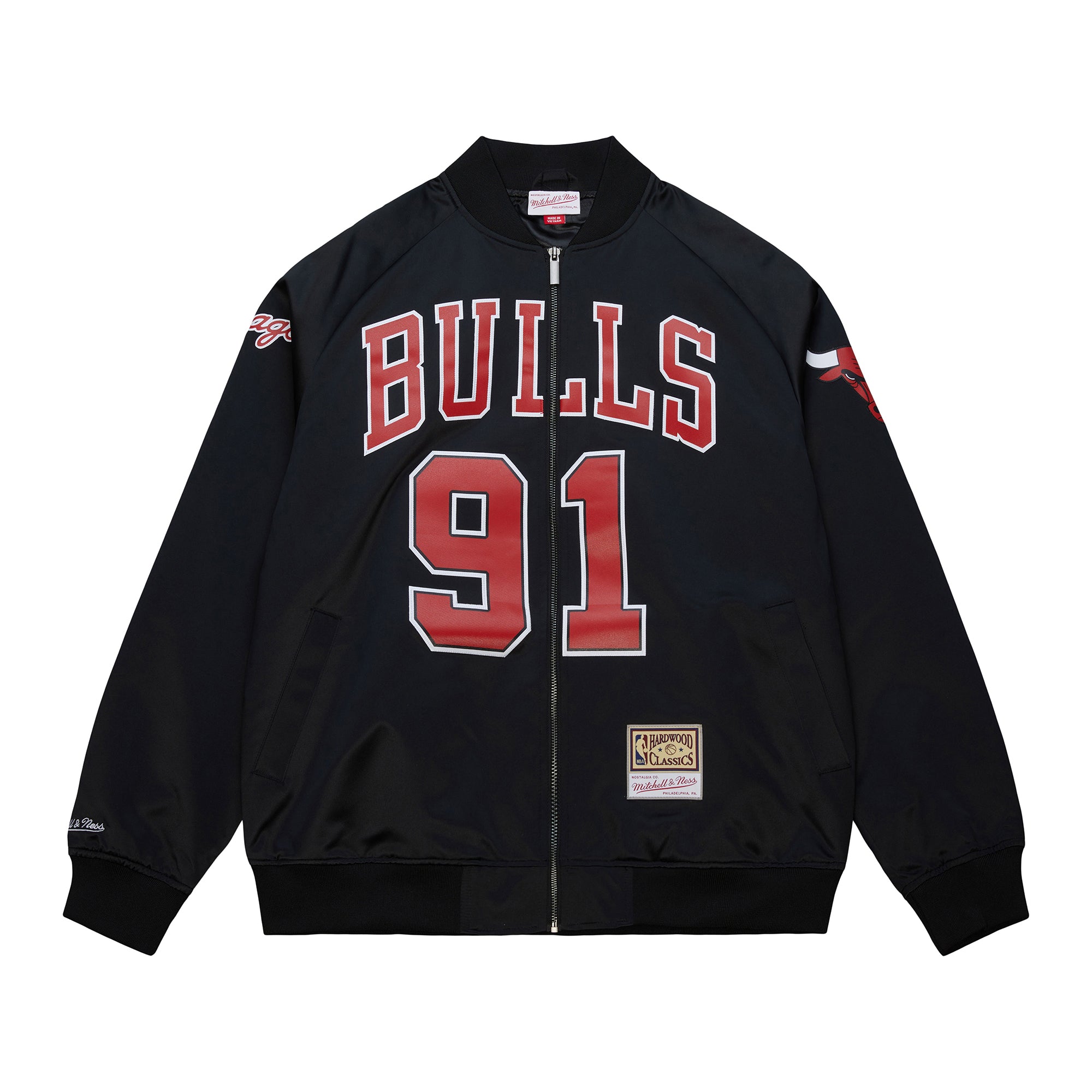 Dennis Rodman #91 Chicago Bulls Player Maxxed Out Satin Bomber NBA Jacke Schwarz