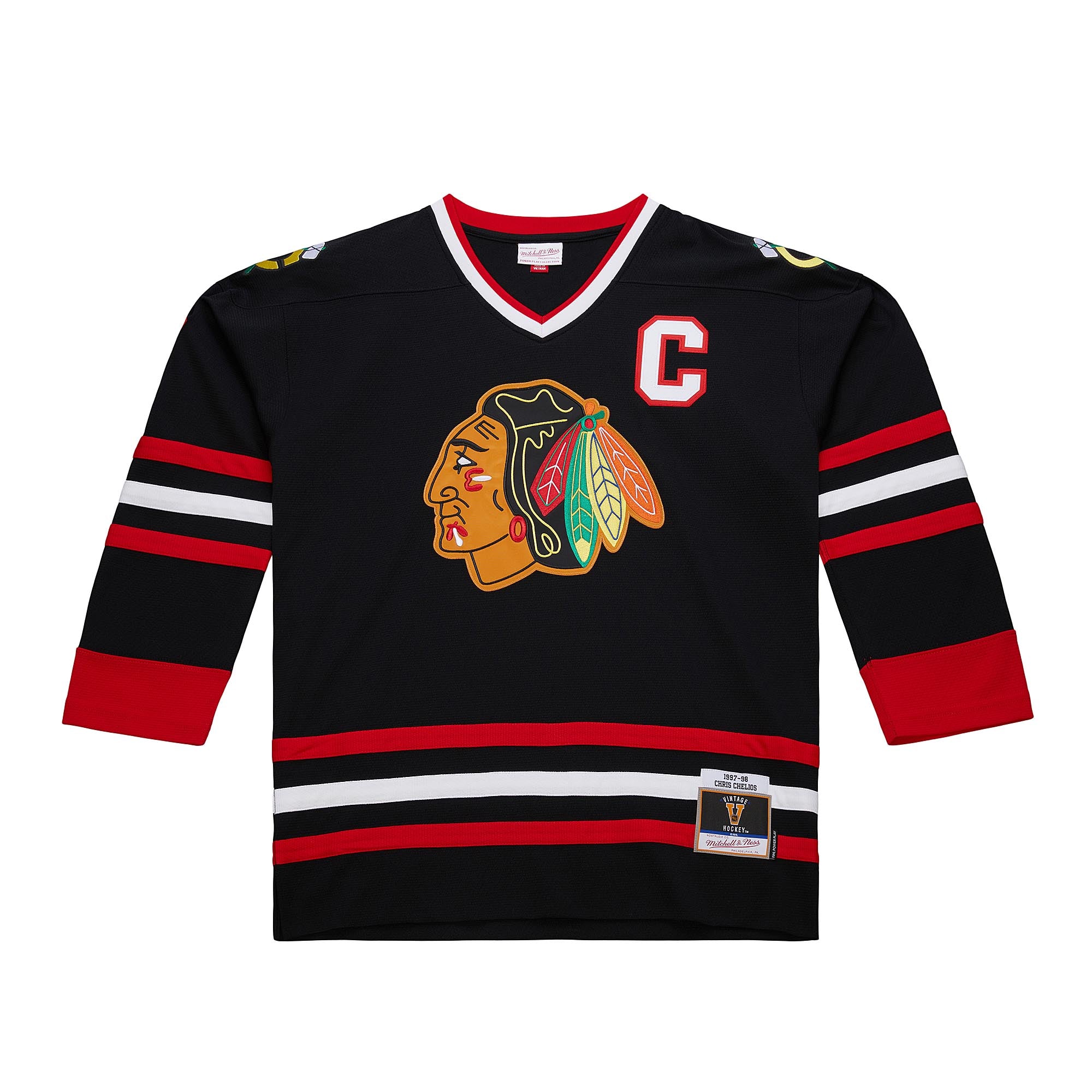 Chris Chelios #7 Chicago Blackhawks Mitchell & Ness 1997 Premium PowerPlay NHL Trikot Schwarz
