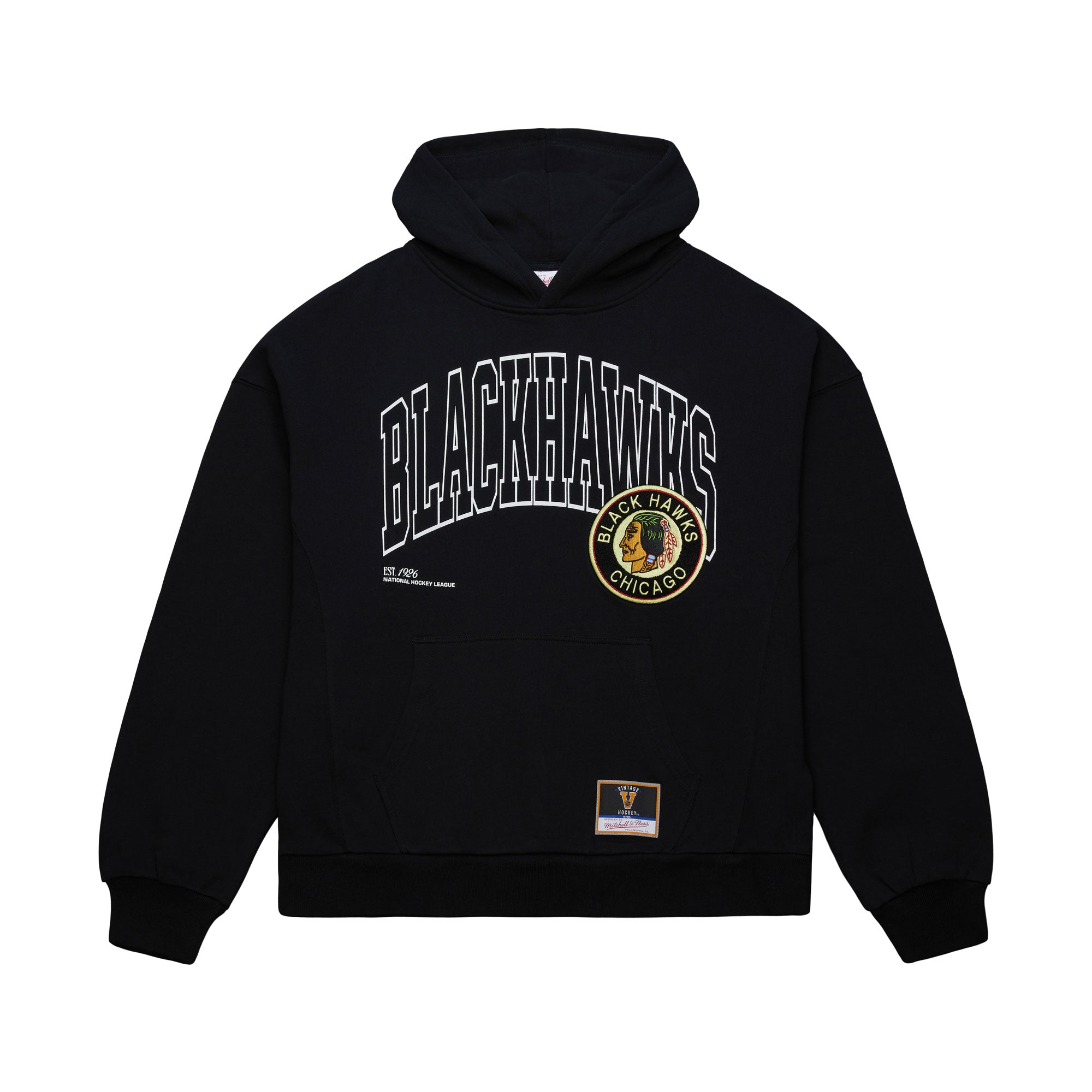 Chicago Blackhawks Mitchell & Ness Oversized Stitched Logo Over NHL Hoodie Schwarz - STADIUMDREAMS