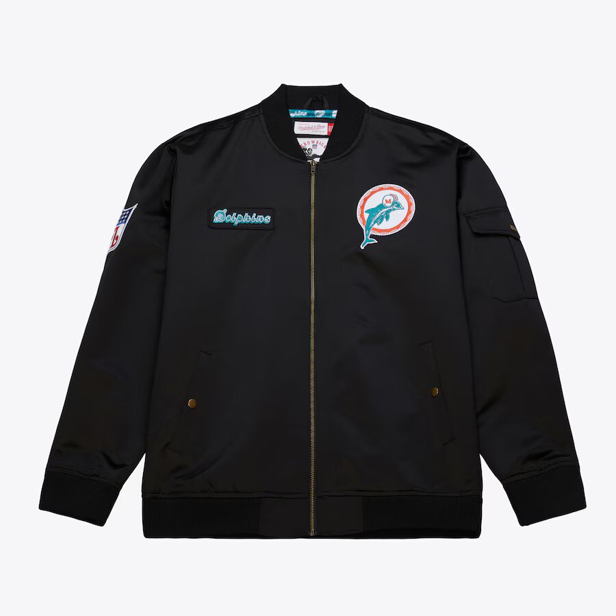 Miami Dolphins Mitchell & Ness Team Leader Satin Bomber NFL Jacke Schwarz - STADIUMDREAMS