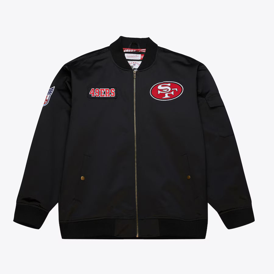 San Francisco 49ers Mitchell & Ness Team Leader Satin Bomber NFL Jacke Schwarz - STADIUMDREAMS