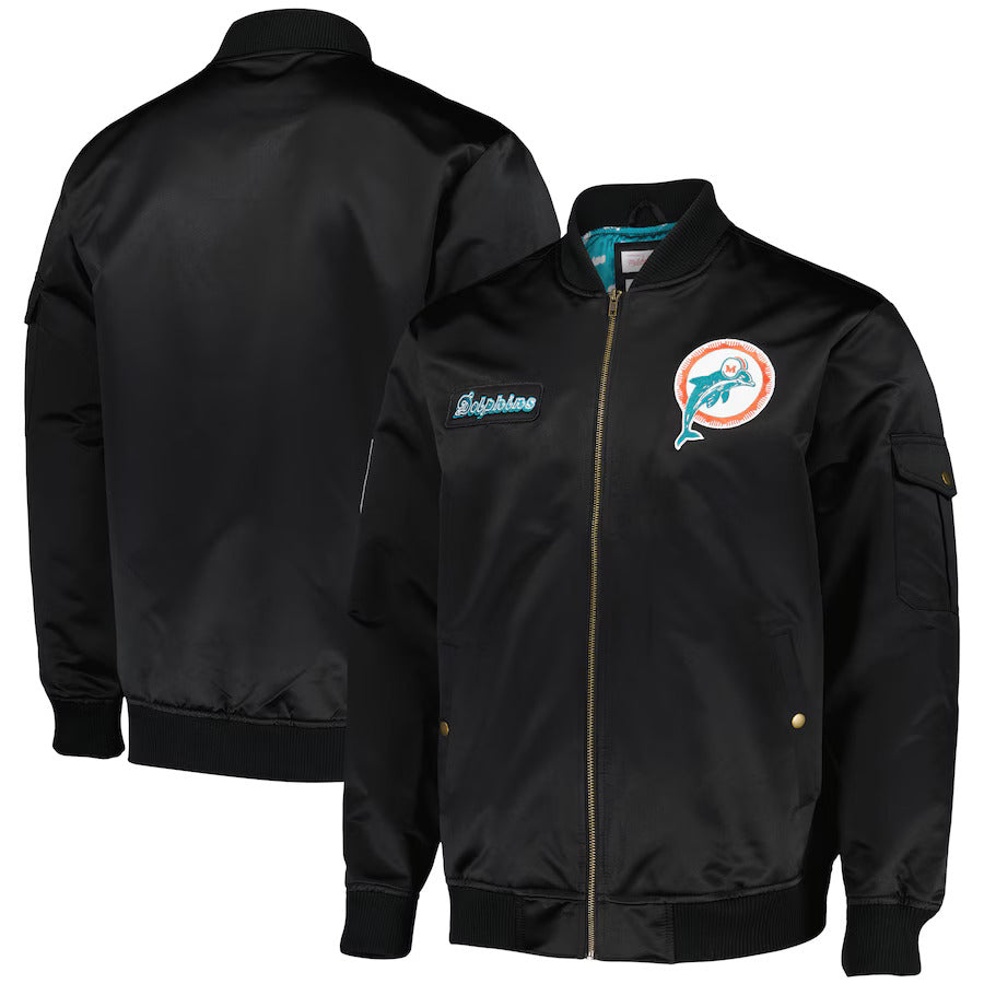 Miami Dolphins Mitchell & Ness Team Leader Satin Bomber NFL Jacke Schwarz - STADIUMDREAMS