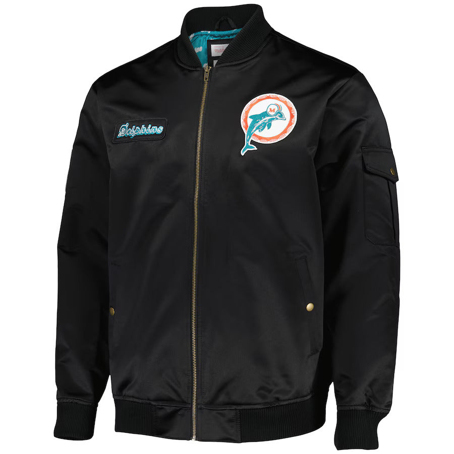 Miami Dolphins Mitchell & Ness Team Leader Satin Bomber NFL Jacke Schwarz - STADIUMDREAMS