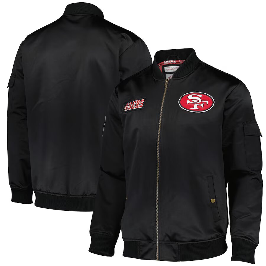 San Francisco 49ers Mitchell & Ness Team Leader Satin Bomber NFL Jacke Schwarz - STADIUMDREAMS