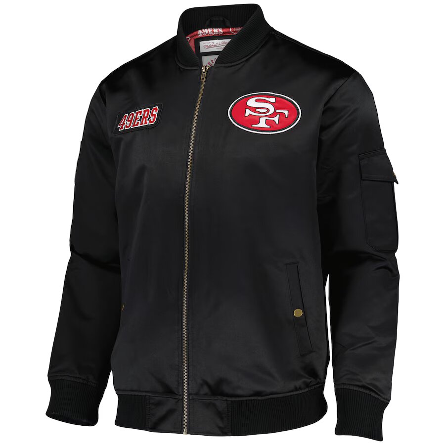 San Francisco 49ers Mitchell & Ness Team Leader Satin Bomber NFL Jacke Schwarz - STADIUMDREAMS