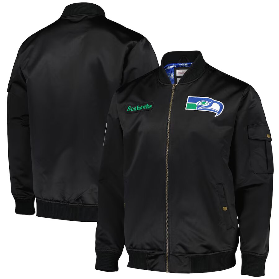 Seattle Seahawks Mitchell & Ness Team Leader Satin Bomber NFL Jacke Schwarz - STADIUMDREAMS