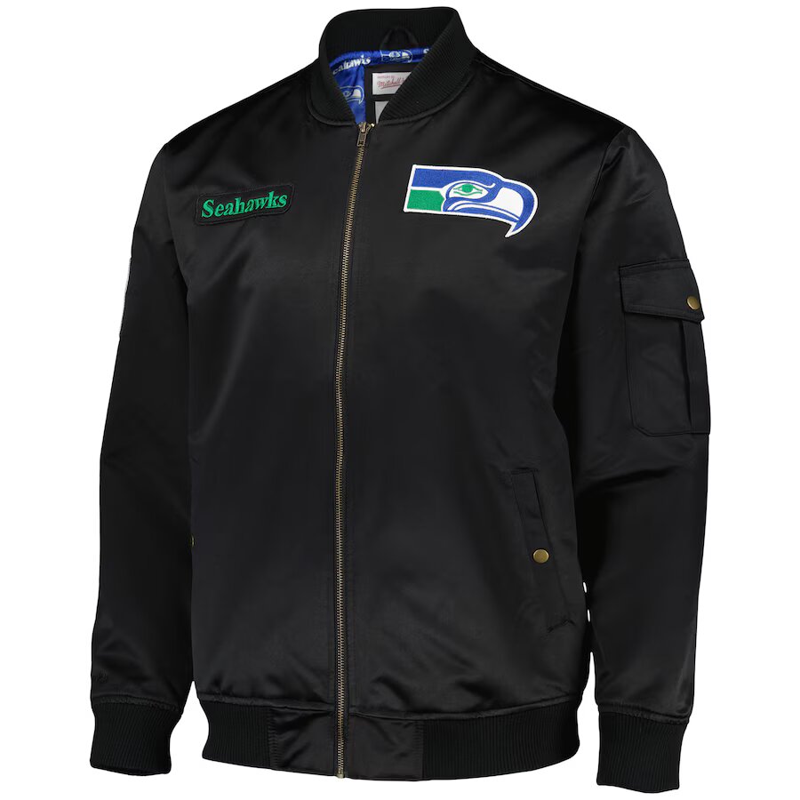 Seattle Seahawks Mitchell & Ness Team Leader Satin Bomber NFL Jacke Schwarz - STADIUMDREAMS