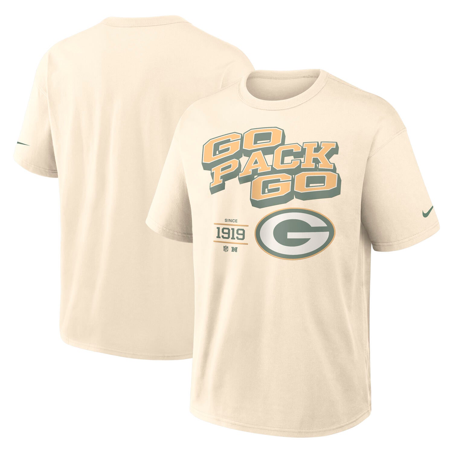 Green Bay Packers Blown Away Nike 240gsm Heavyweight Loose Fit NFL T-Shirt Cream Beige