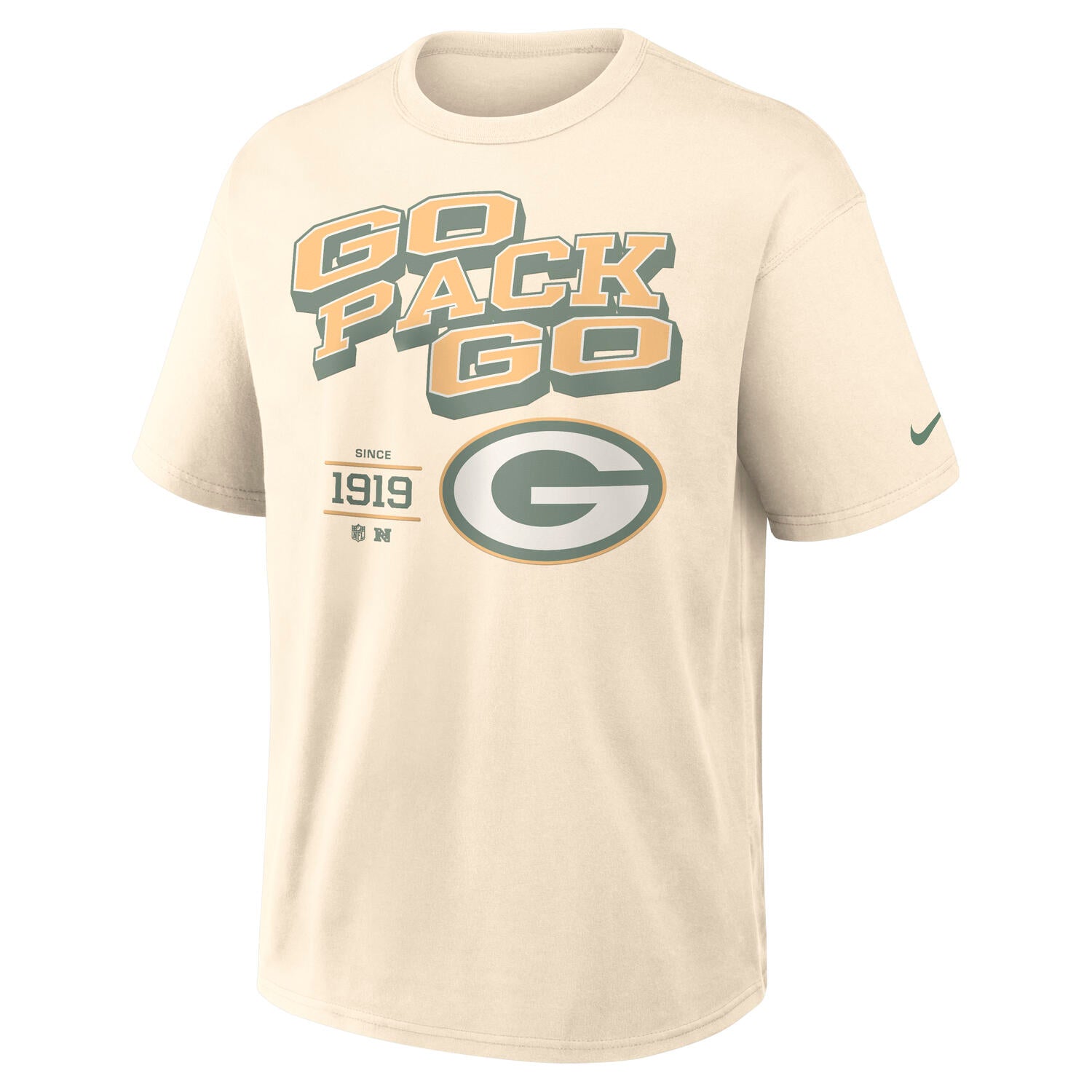 Green Bay Packers Blown Away Nike 240gsm Heavyweight Loose Fit NFL T-Shirt Cream Beige