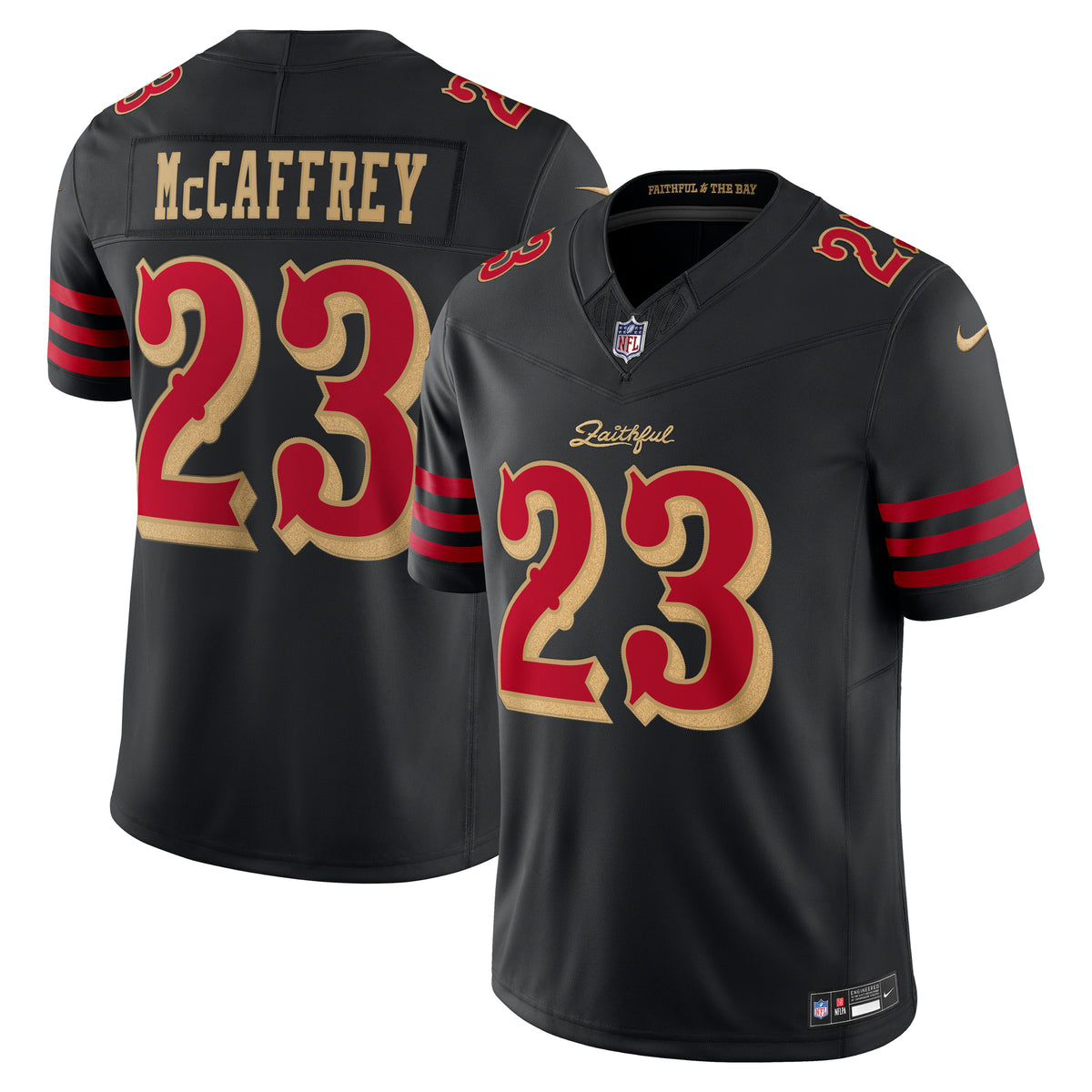 Schwarz Nike NFL Trikot von Christian McCaffrey #23, San Francisco 49ers, mit gesticktem Logo und NFL-Design.