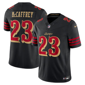 Schwarz Nike NFL Trikot von Christian McCaffrey #23, San Francisco 49ers, mit gesticktem Logo und NFL-Design.