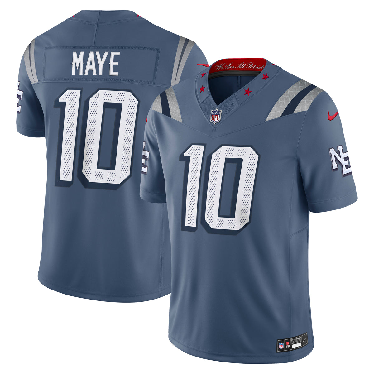 Nike Rivalries Trikot für Drake Maye #10, blau, limitierte NFL-Edition, mit gesticktem NFL-Logo und Teamdetails.