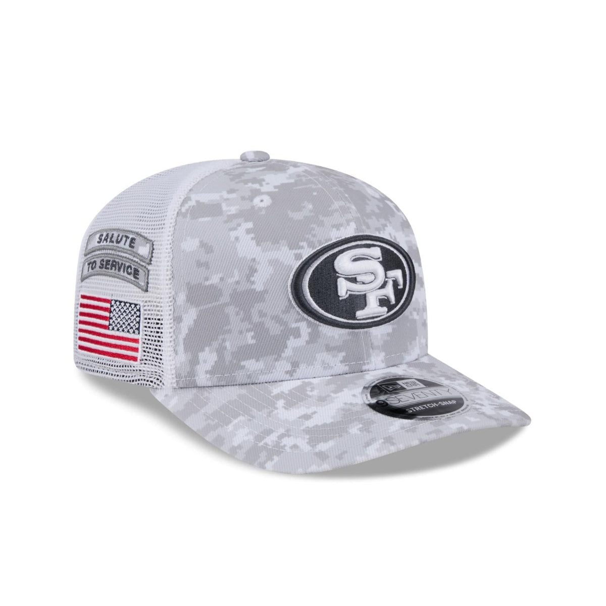 San Francisco 49ers 2024 NFL Salute to Service New Era Stretch Snap 9SEVENTY Trucker Cap Weiß - STADIUMDREAMS