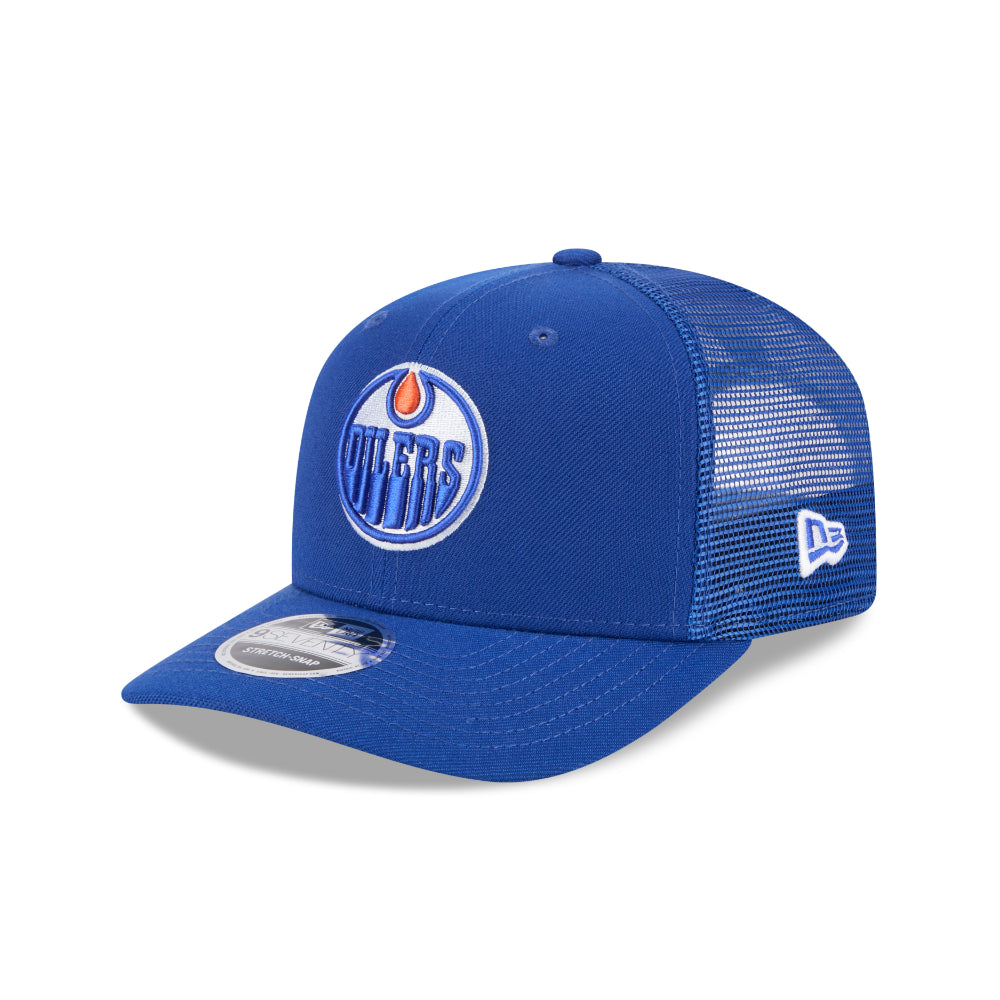 Edmonton Oilers New Era 9SEVENTY Stretch-Snap NHL-Truckercap in Blau mit gebogenem Schirm