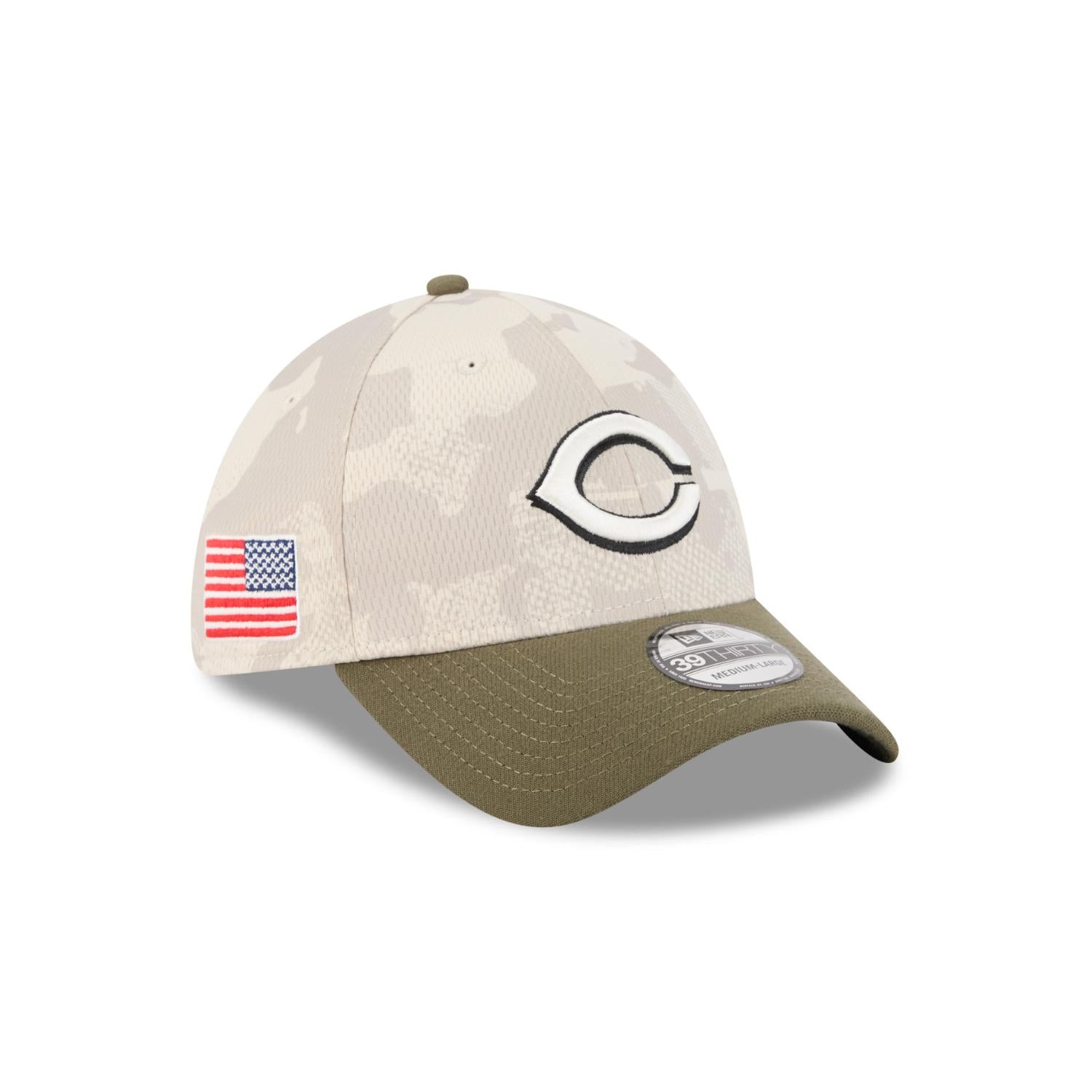 Cincinnati Reds 2025 MLB Armed Forces New Era 39THIRTY Flex Cap Beige