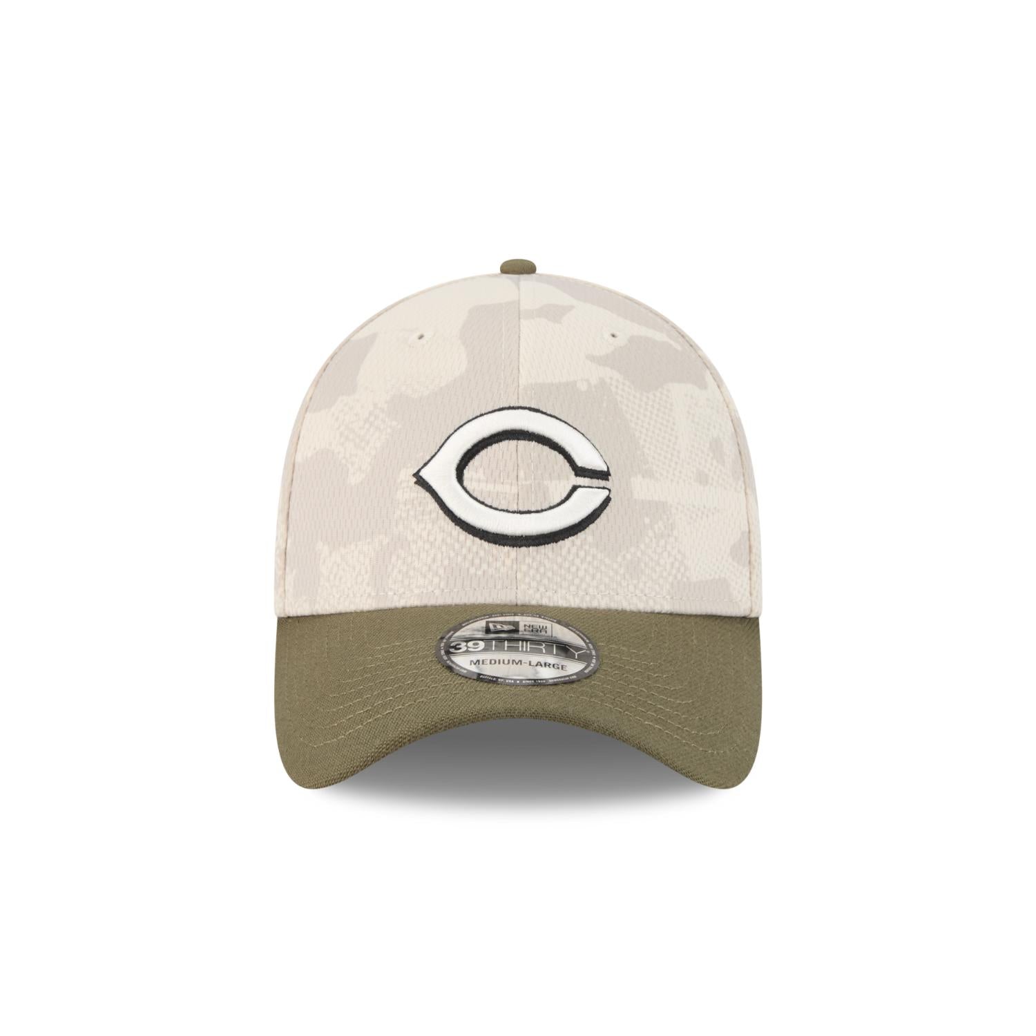 Cincinnati Reds 2025 MLB Armed Forces New Era 39THIRTY Flex Cap Beige