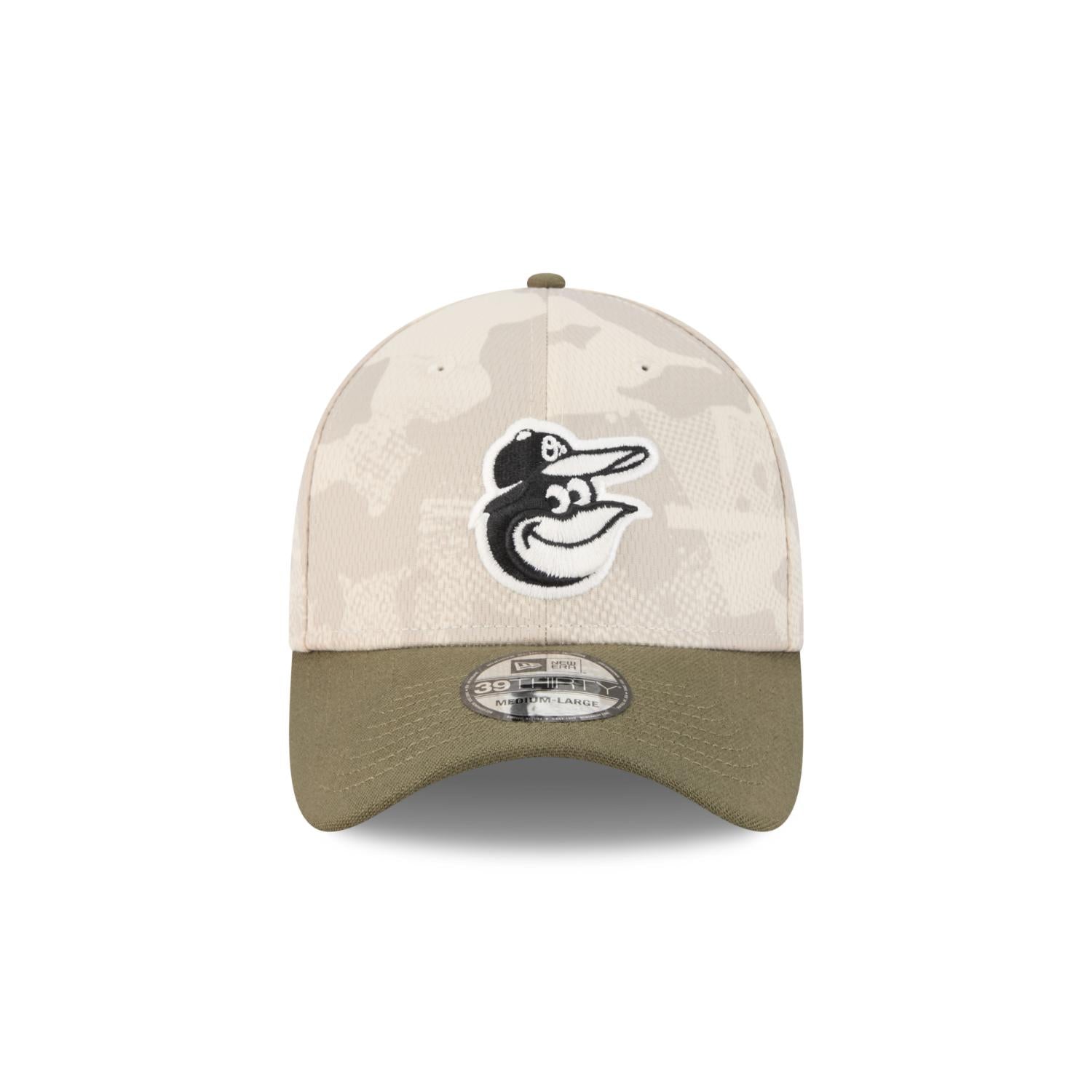 Baltimore Orioles 2025 MLB Armed Forces New Era 39THIRTY Flex Cap Beige