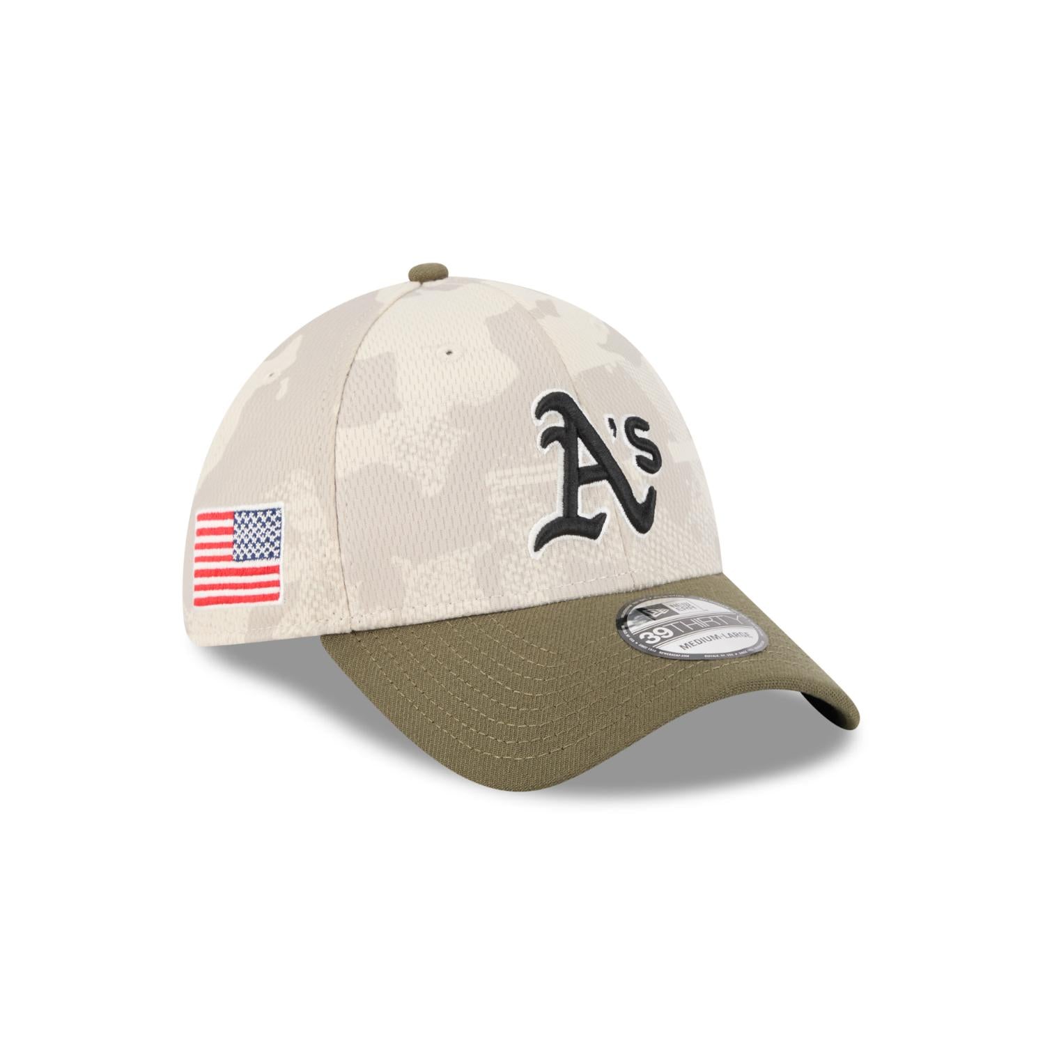 Oakland Athletics 2025 MLB Armed Forces New Era 39THIRTY Flex Cap Beige