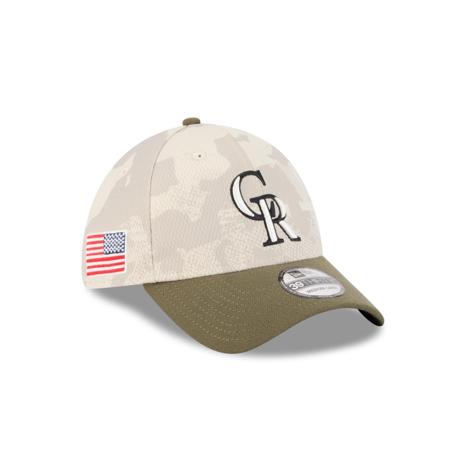 Colorado Rockies 2025 MLB Armed Forces New Era 39THIRTY Flex Cap Beige