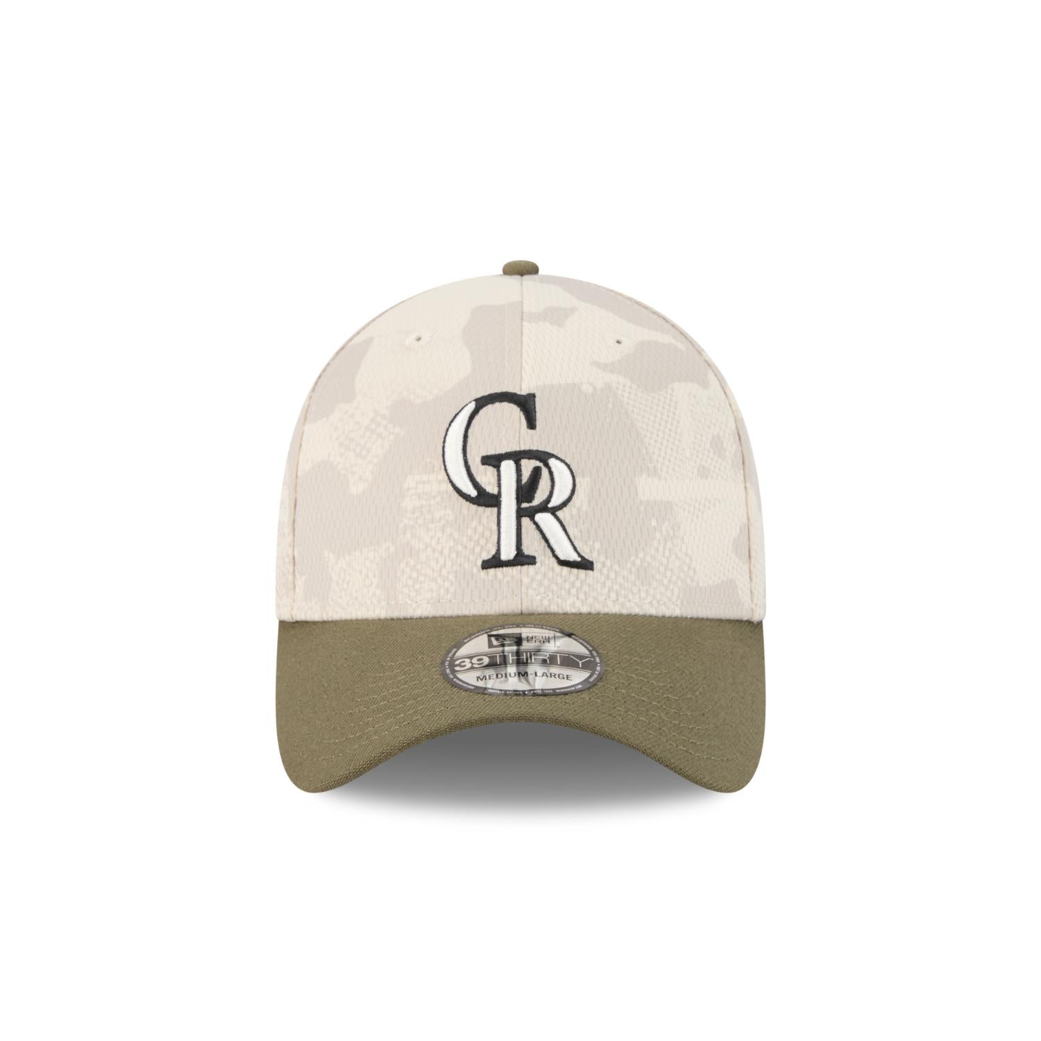 Colorado Rockies 2025 MLB Armed Forces New Era 39THIRTY Flex Cap Beige