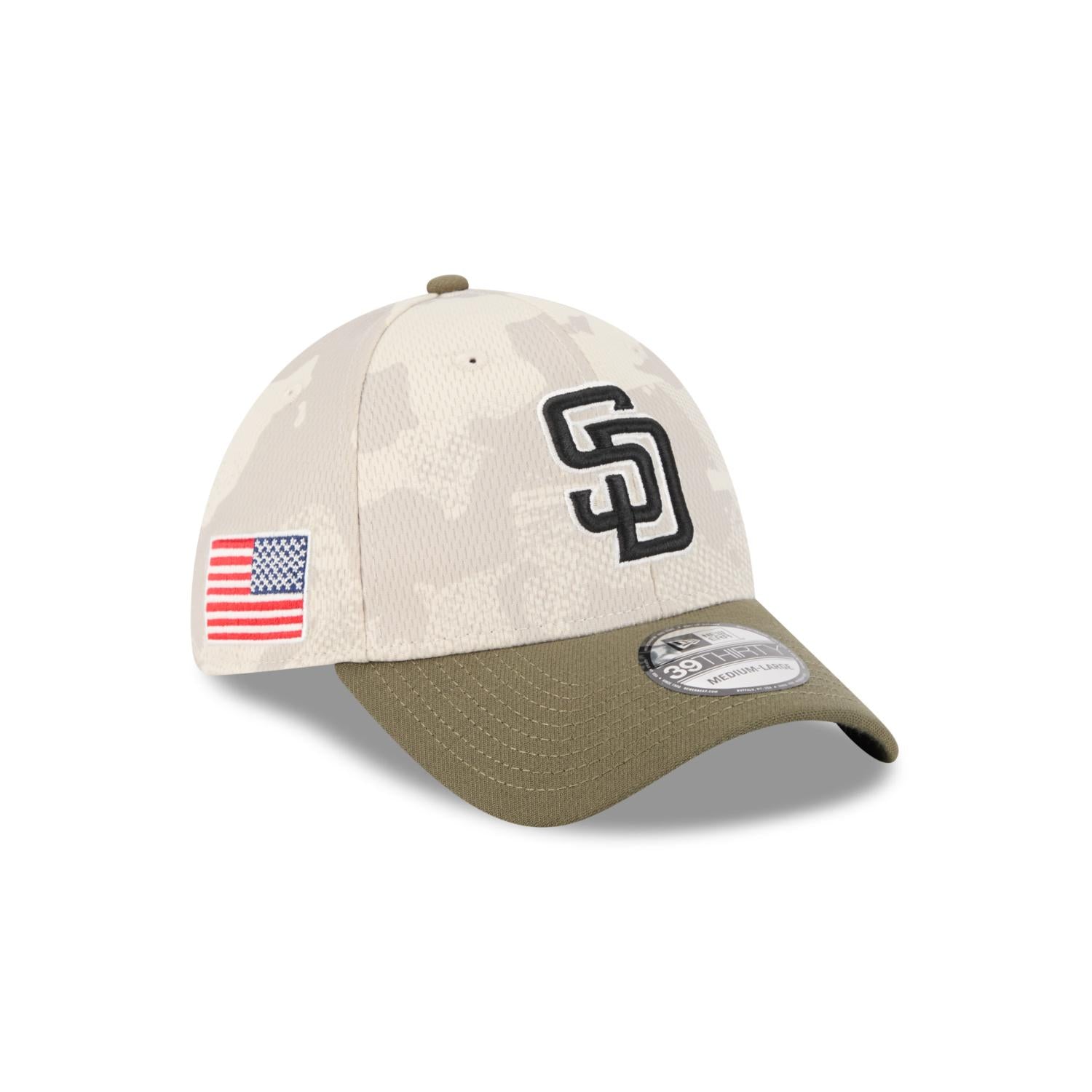 San Diego Padres 2025 MLB Armed Forces New Era 39THIRTY Flex Cap Beige