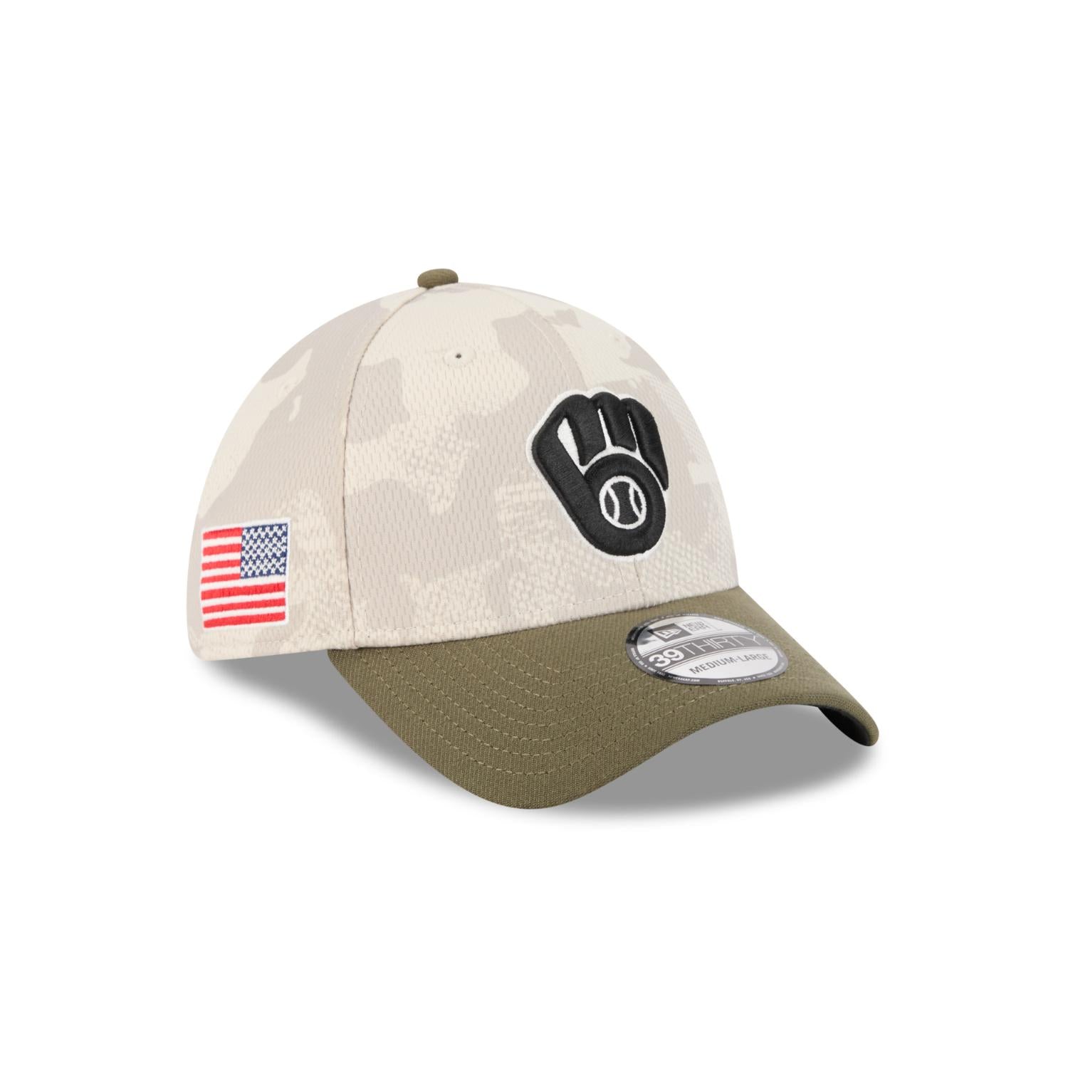 Milwaukee Brewers 2025 MLB Armed Forces New Era 39THIRTY Flex Cap Beige