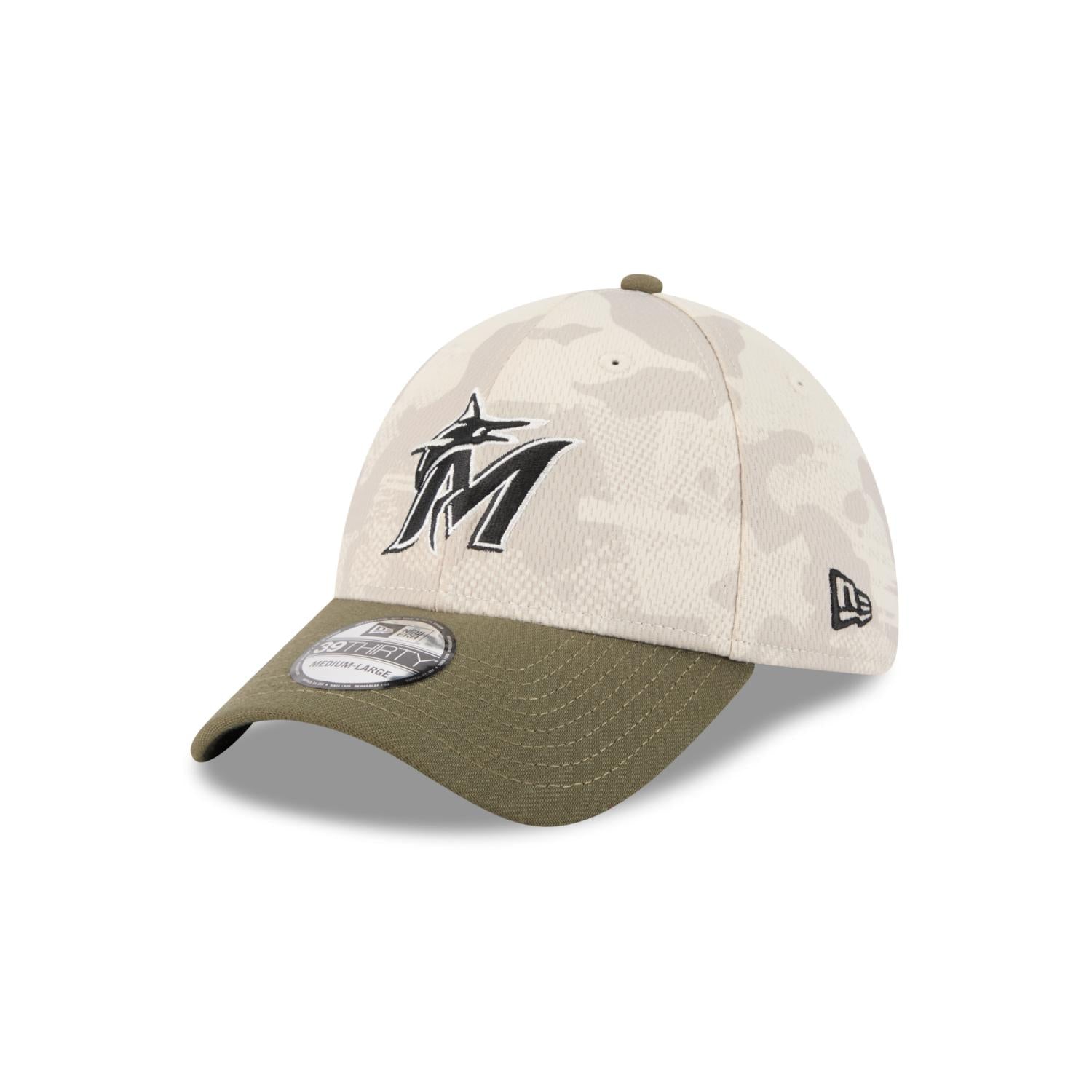 Miami Marlins 2025 MLB Armed Forces New Era 39THIRTY Flex Cap Beige