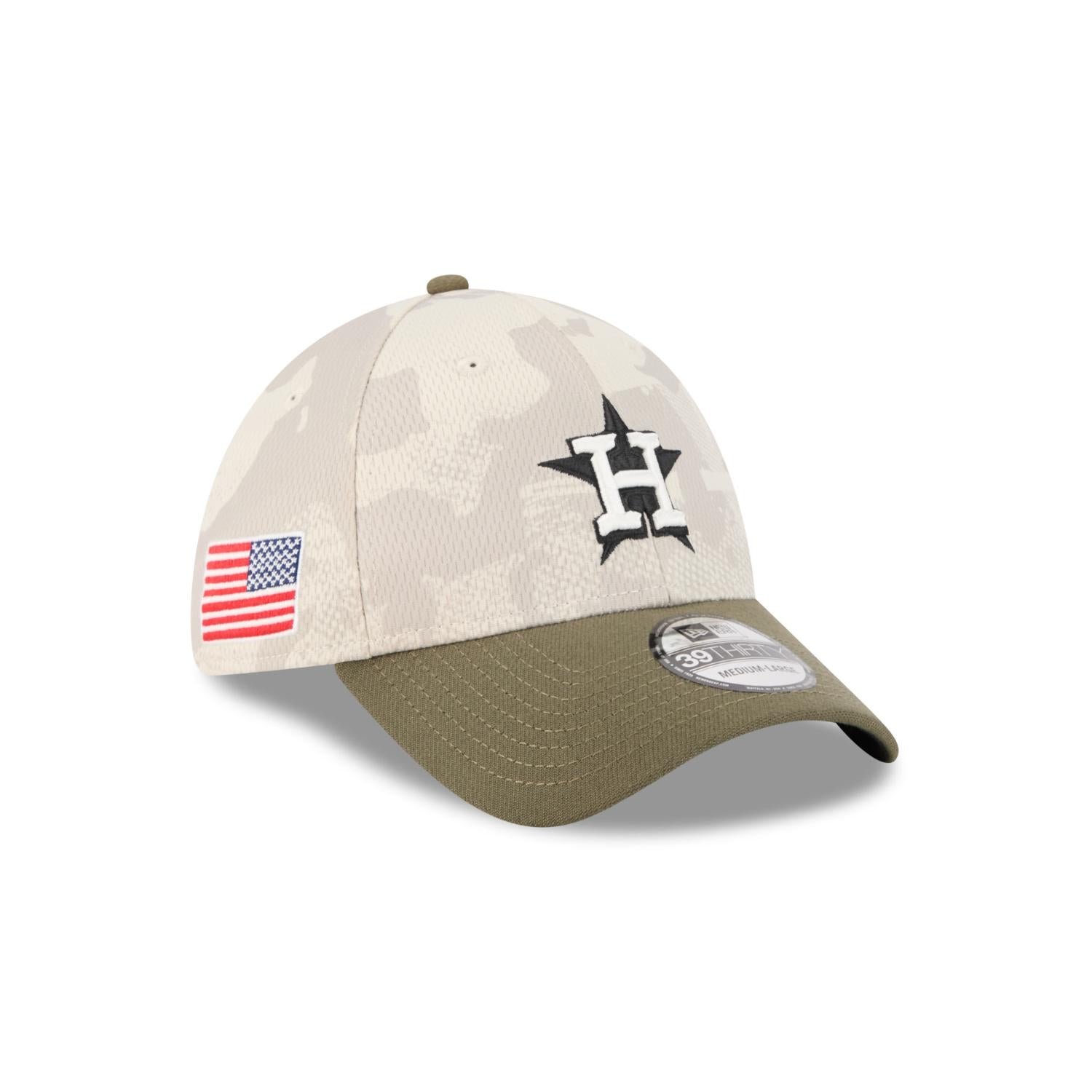Houston Astros 2025 MLB Armed Forces New Era 39THIRTY Flex Cap Beige