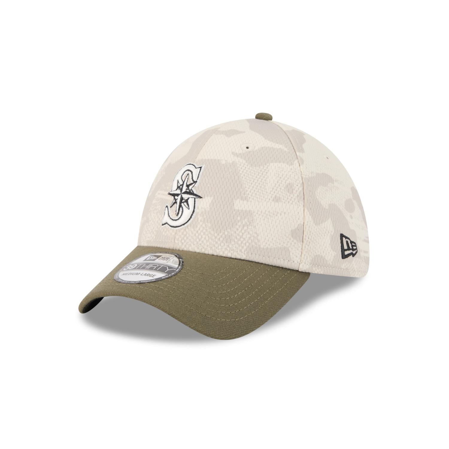 Seattle Mariners 2025 MLB Armed Forces New Era 39THIRTY Flex Cap Beige