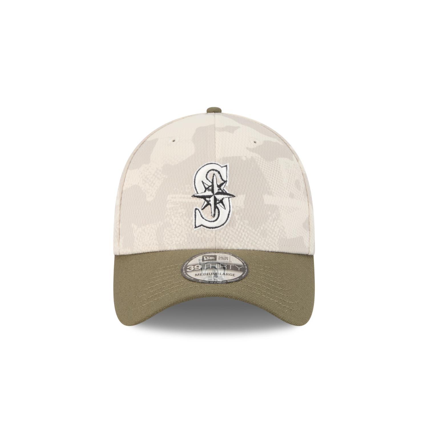 Seattle Mariners 2025 MLB Armed Forces New Era 39THIRTY Flex Cap Beige