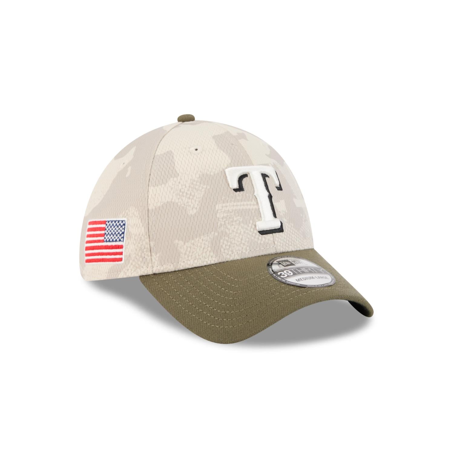 Texas Rangers 2025 MLB Armed Forces New Era 39THIRTY Flex Cap Beige