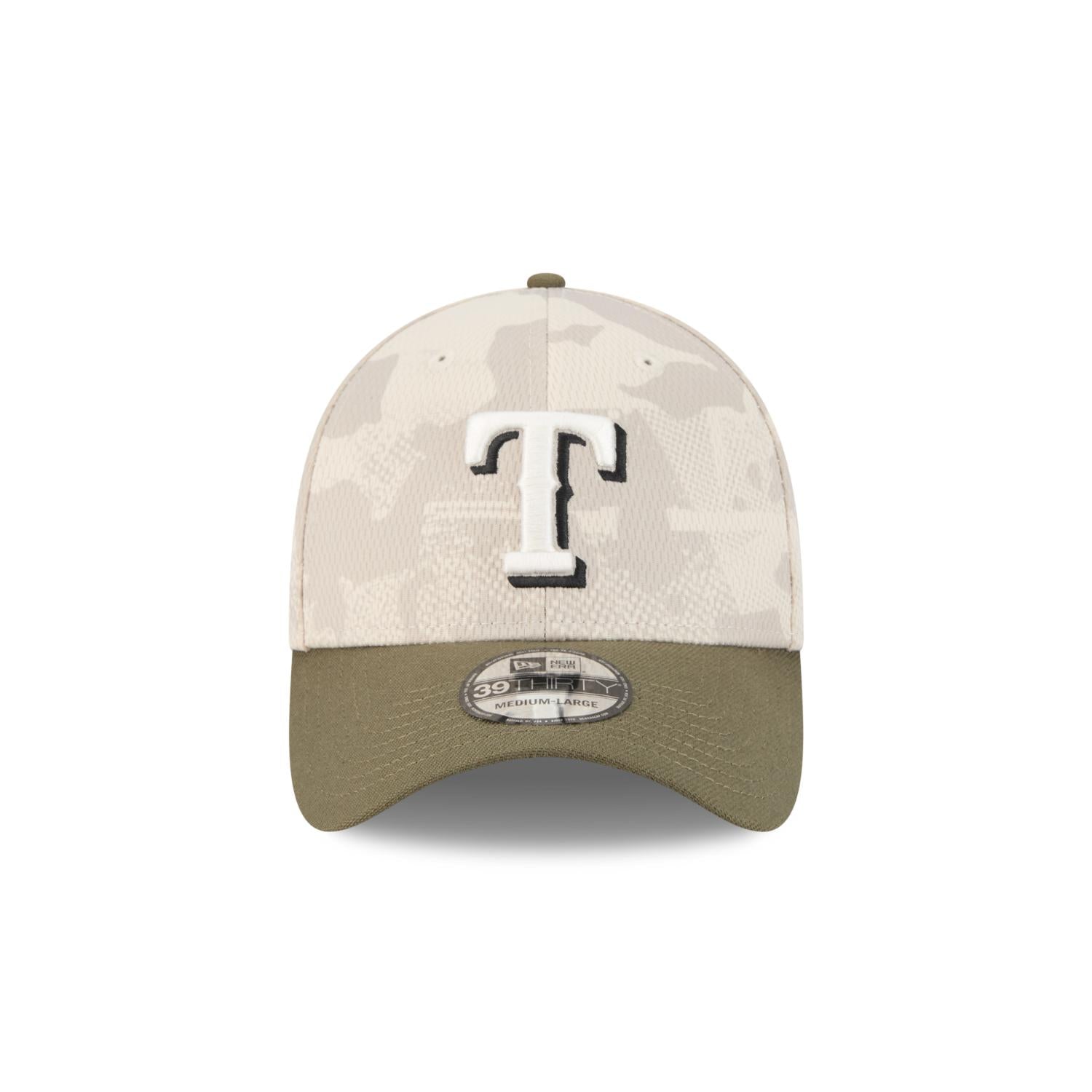 Texas Rangers 2025 MLB Armed Forces New Era 39THIRTY Flex Cap Beige