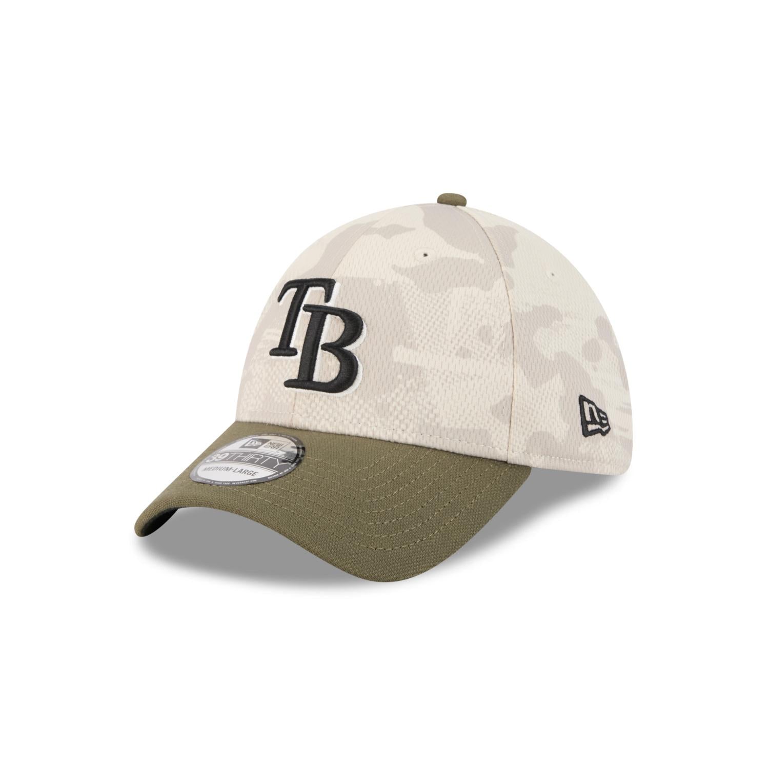 Tampa Bay Rays 2025 MLB Armed Forces New Era 39THIRTY Flex Cap Beige