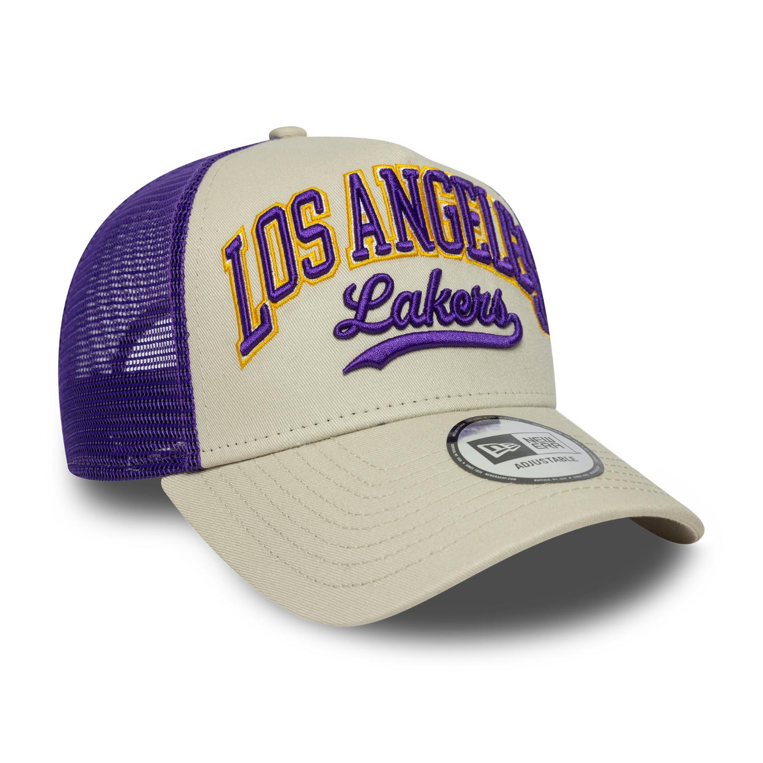 Los Angeles Lakers New Era NBA Script 9FORTY E-Frame Trucker Cap Beige
