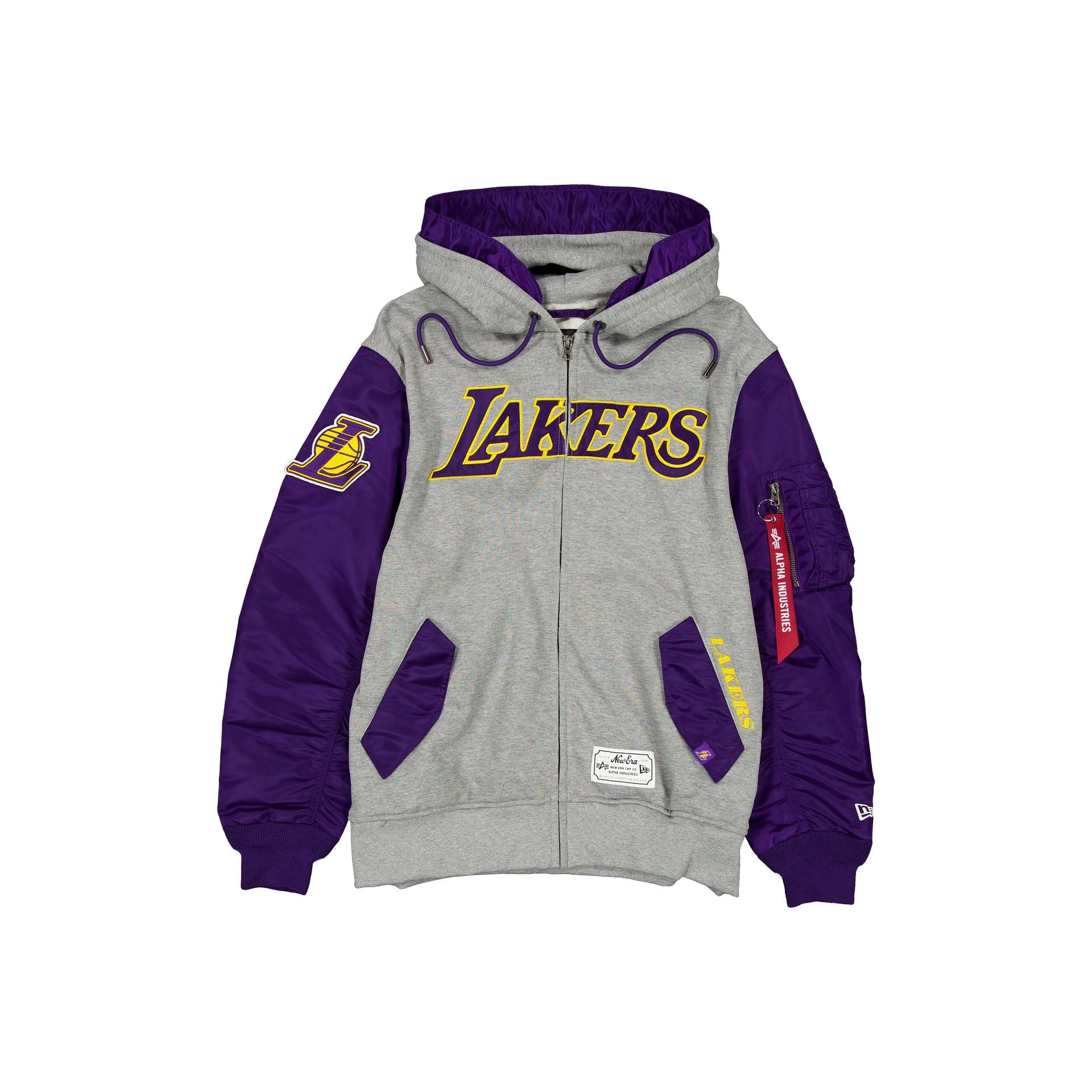 Graue NBA Full Zip Fleece Jacke von New Era für Los Angeles Lakers, mit Alpha Industries Logo, warm und sportlich.