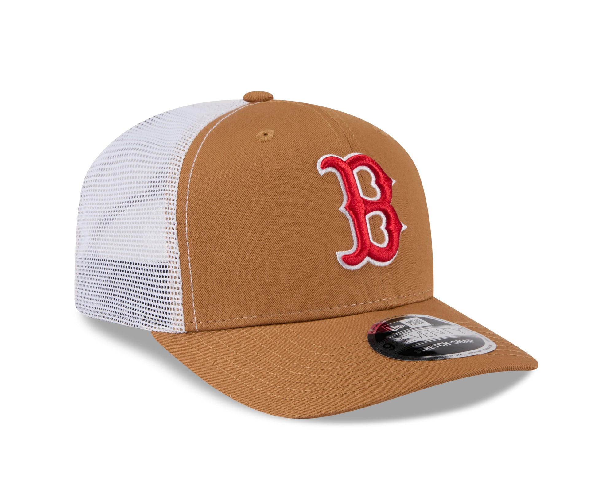 Neue Era Boston Red Sox 9SEVENTY Stretch-Snap Trucker Cap in Beige, atmungsaktives Cap mit MLB-Logo, für Fans und Freizeit.
