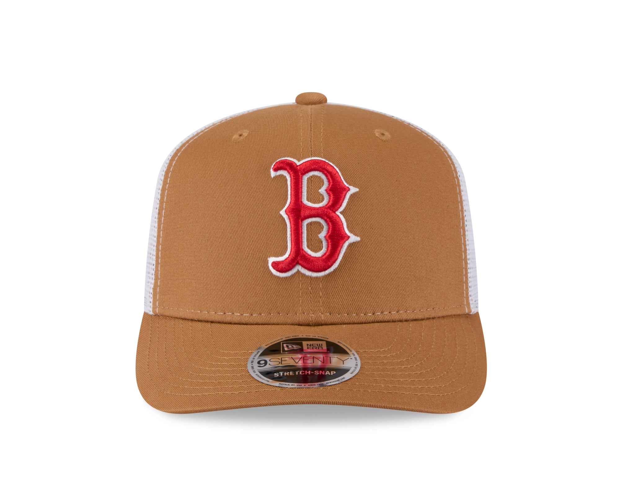 Neue Era Boston Red Sox 9SEVENTY Stretch-Snap Trucker Cap in Beige, mit MLB-Logo und Mesh-Back, für sportlichen Stil.