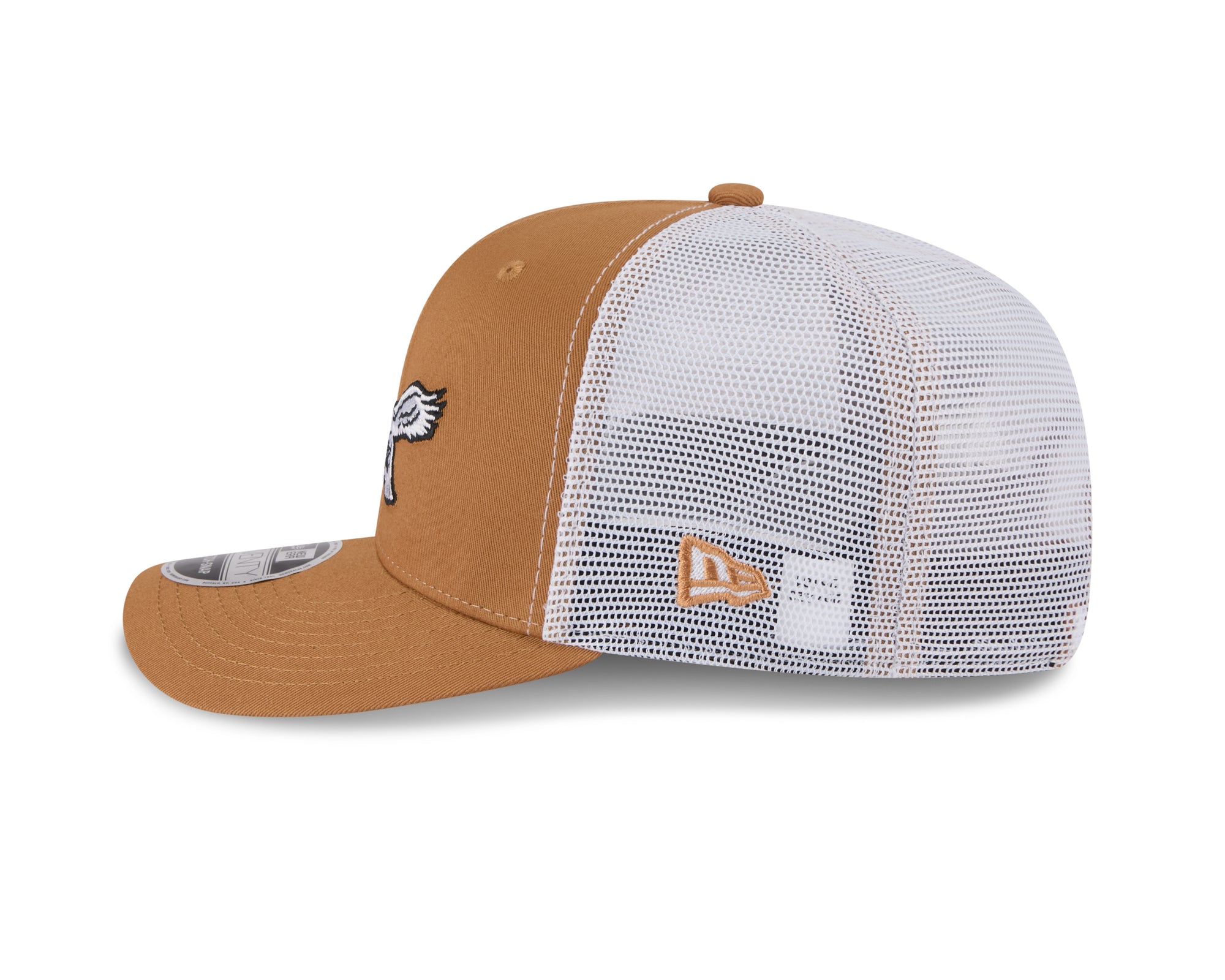 Neue Era Philadelphia Eagles Vintage Logo Trucker Cap, beige mit NFL-Logo, 9SEVENTY Stretch-Snap, seitliche Ansicht